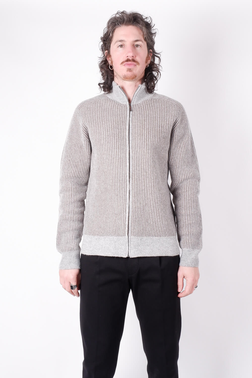 Full Zip-Up Ribbed Knit Grey