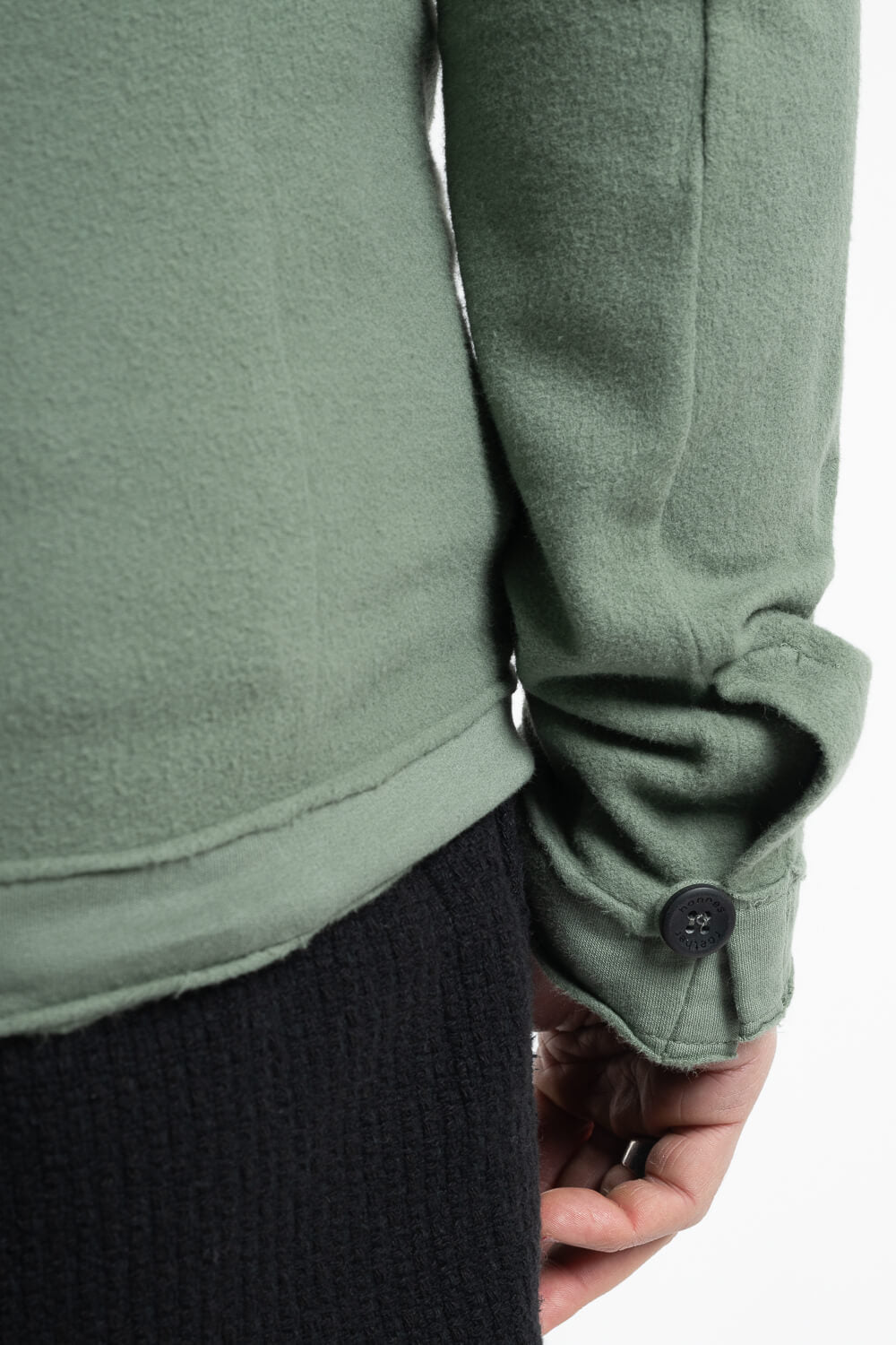 Full Zip Raw Edge Panel Jersey Cotton Overshirt Green