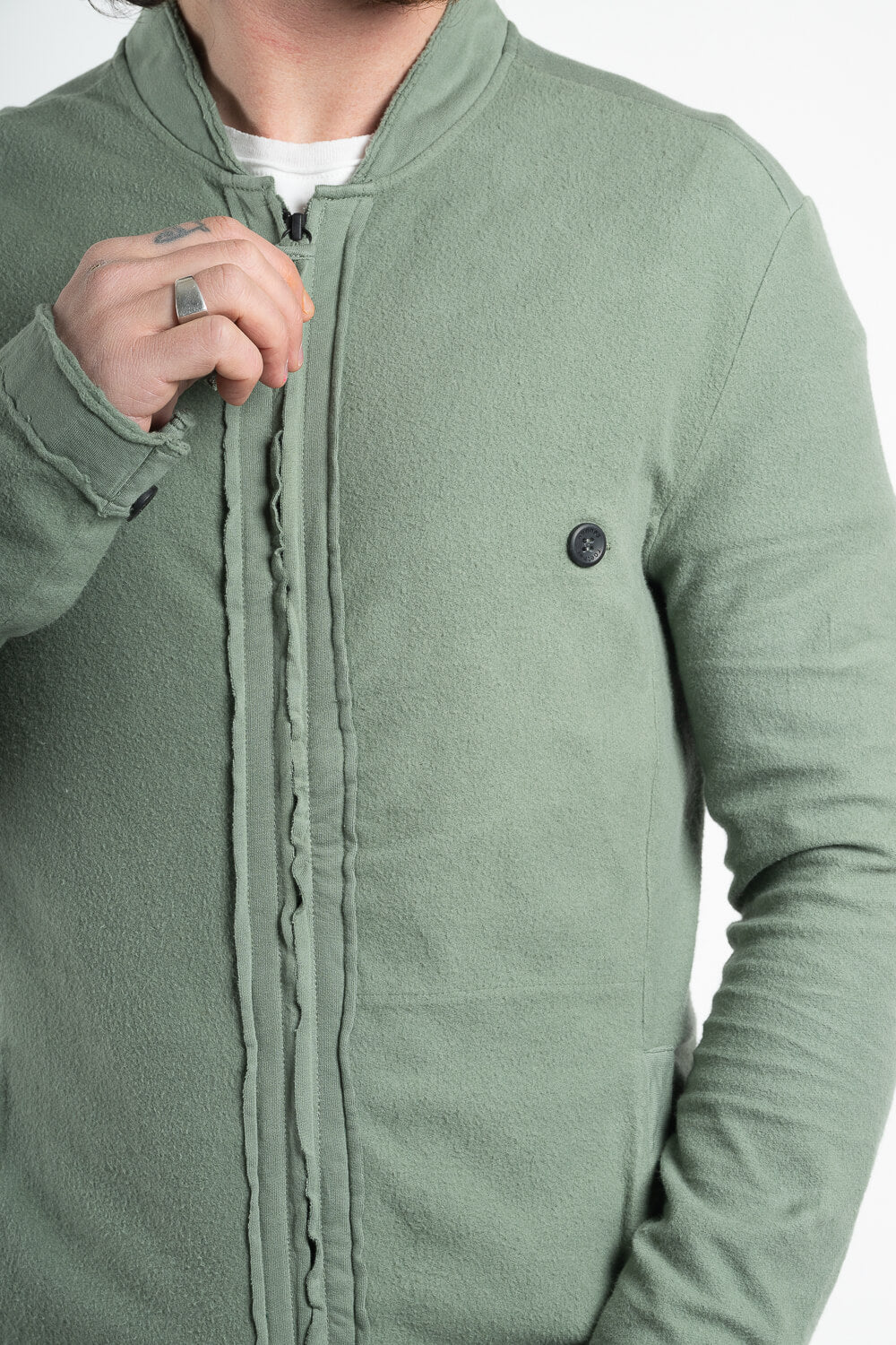 Full Zip Raw Edge Panel Jersey Cotton Overshirt Green