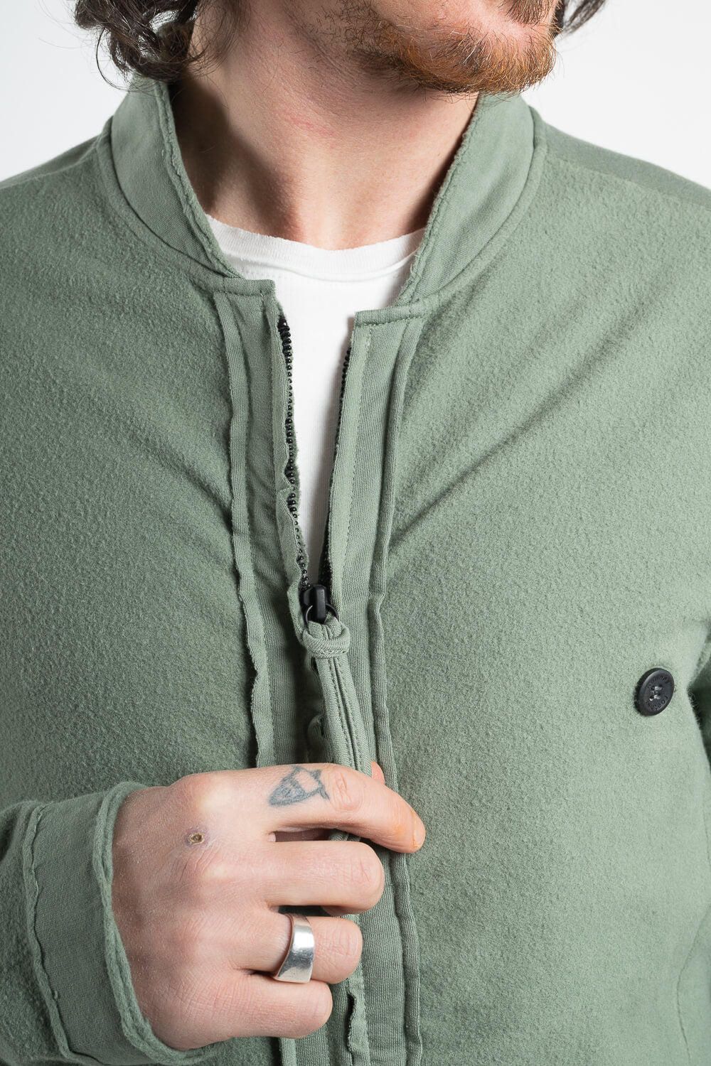 Full Zip Raw Edge Panel Jersey Cotton Overshirt Green