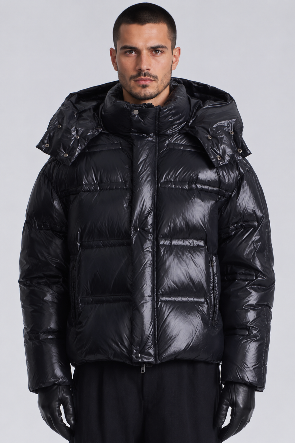 Glossy Nylon Hooded Down Puffer Jacket Black