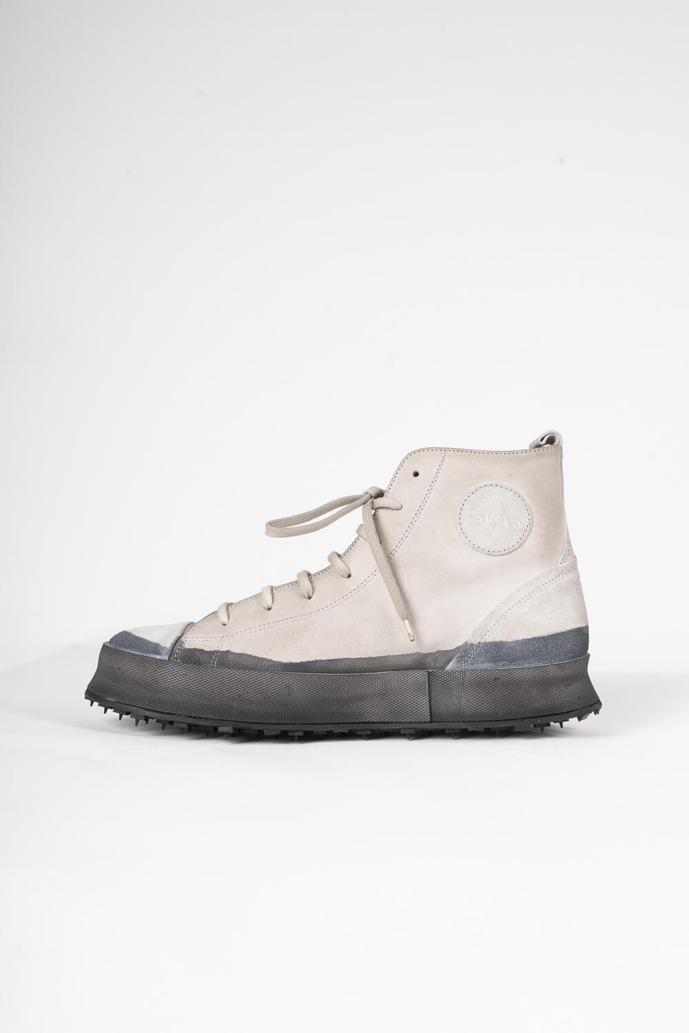 Hand Painted Sole/Calf Leather High Top Boot Beige/Dark Grey