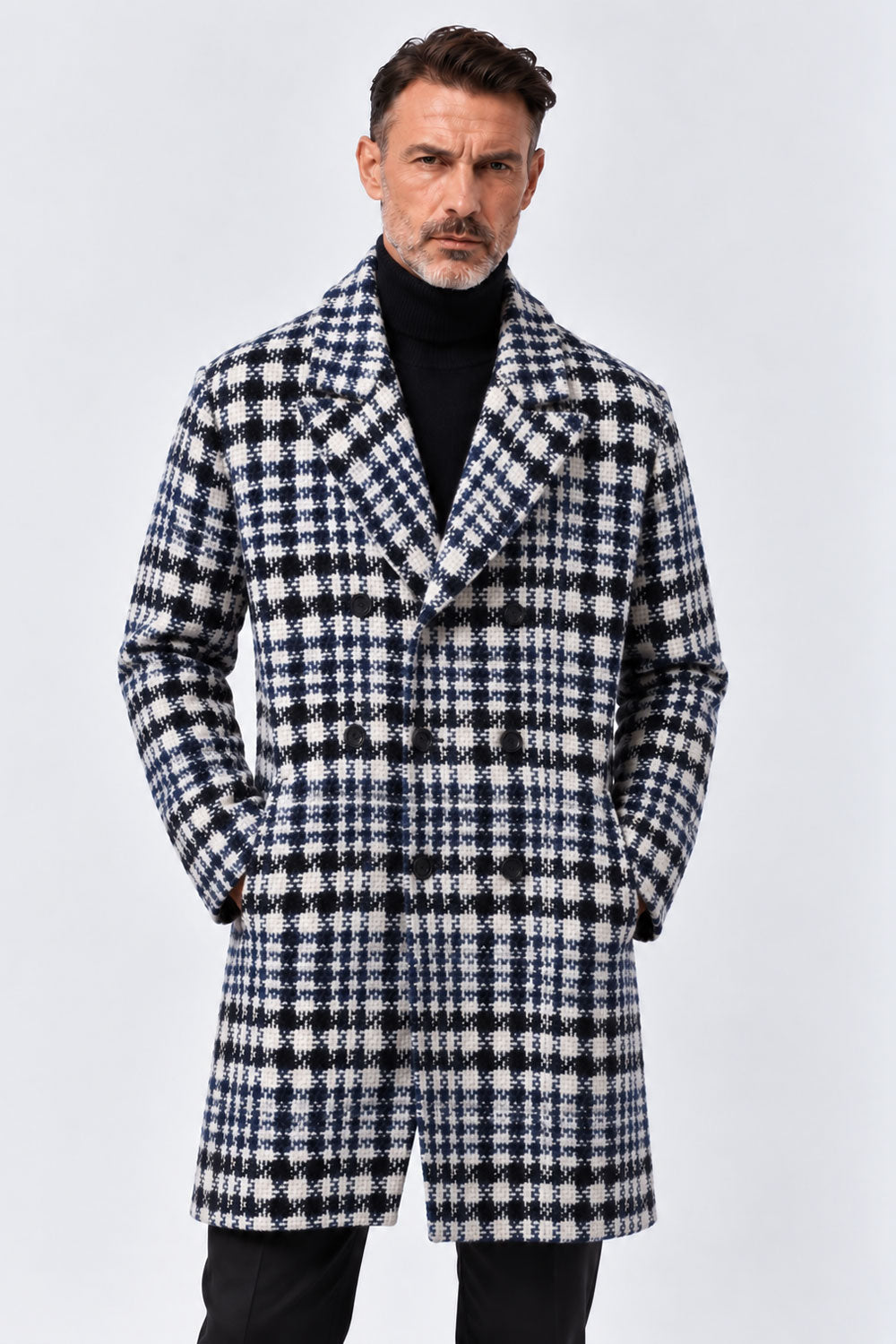 Heavy Checked Double-Breasted Virgin Wool Overcoat Black/Navy/White