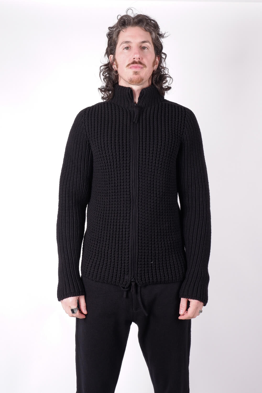 Heavy Cable Knit Zip-Up Jacket Black