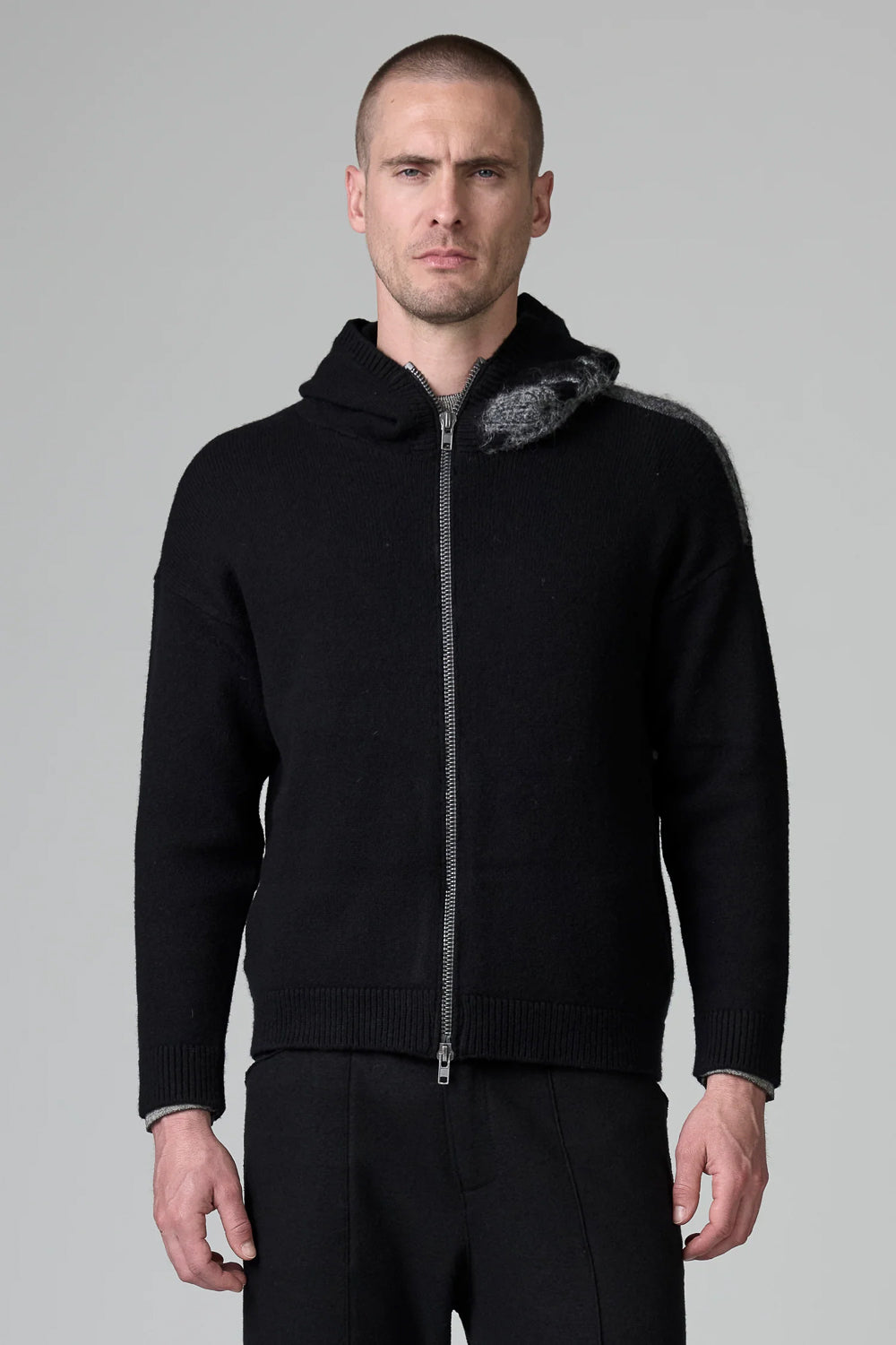 Inlay Detail Alpaca Zip-Up Hoodie Black