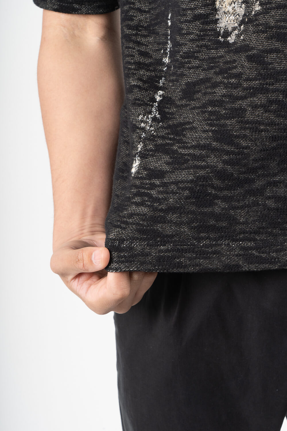 Italian Cotton Knit Design Round T-Shirt Black