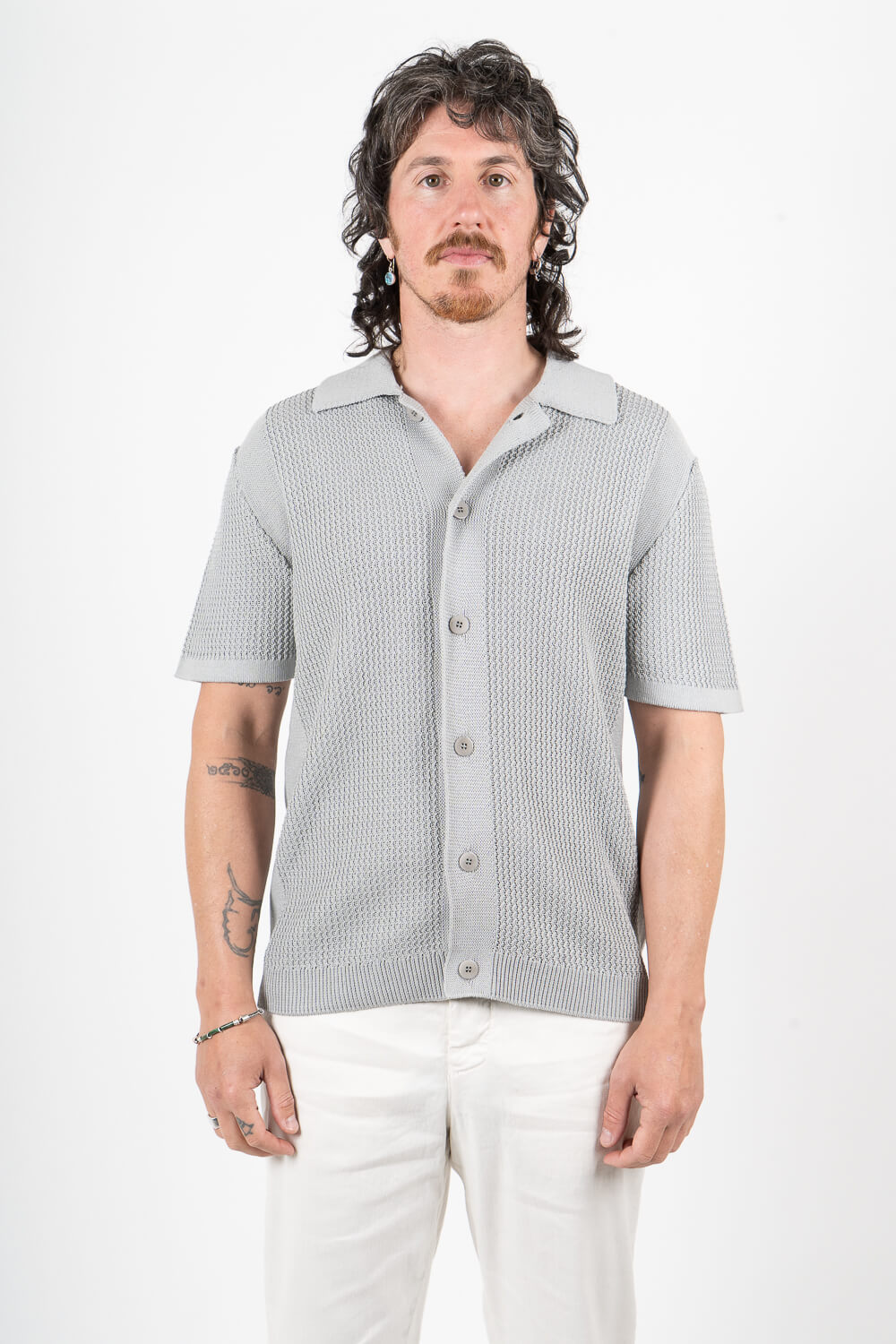 Italian Cotton Knitted Button-Up Shirt Light Grey