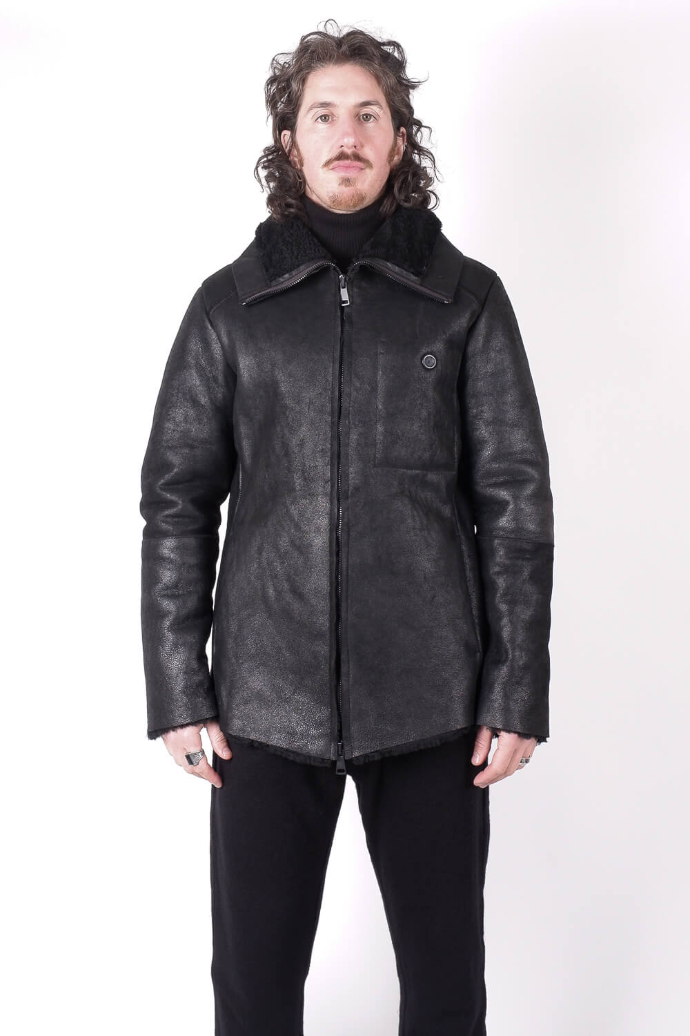 Italian Leather Shearling Bomber Jacket Black