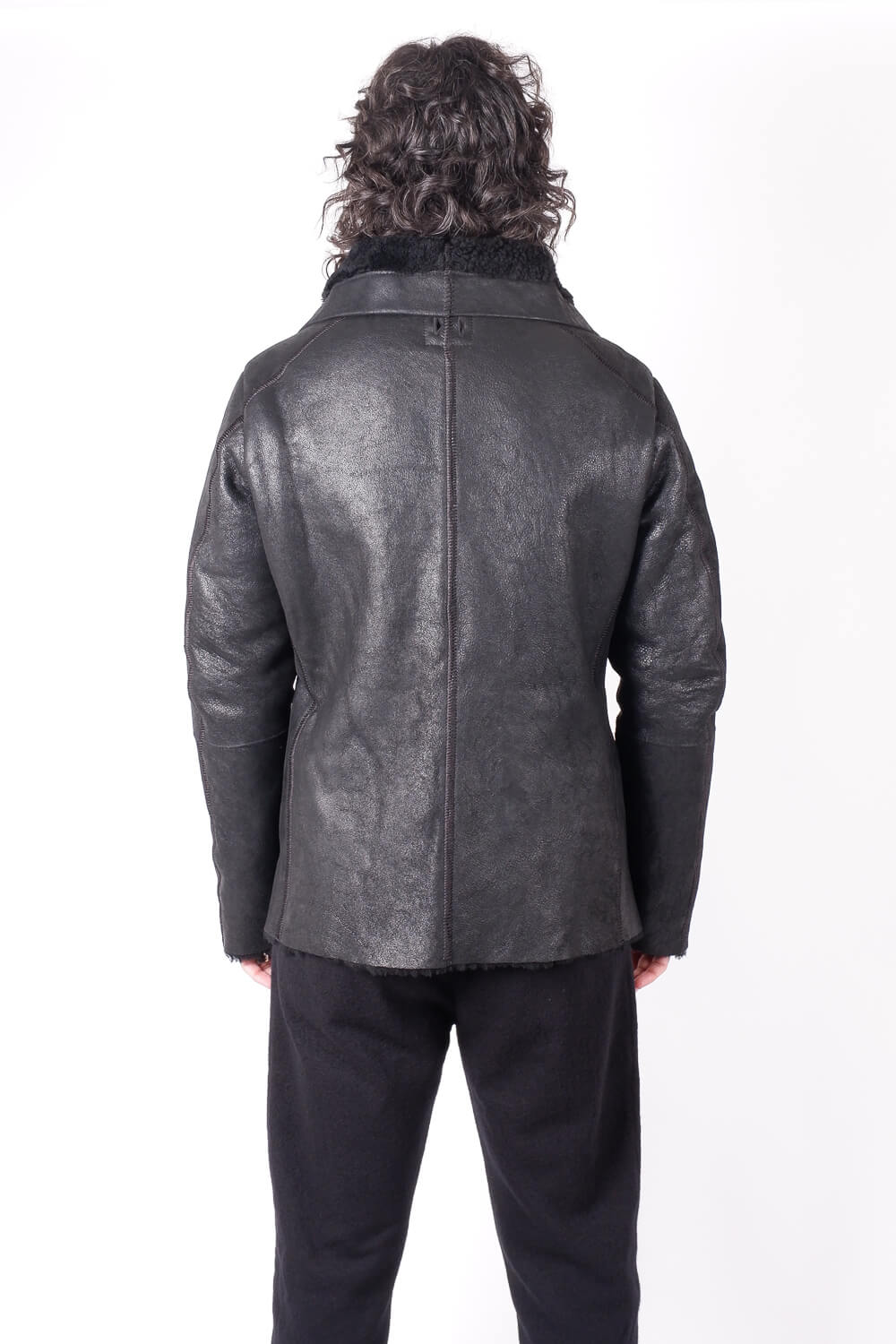 Italian Leather Shearling Bomber Jacket Black