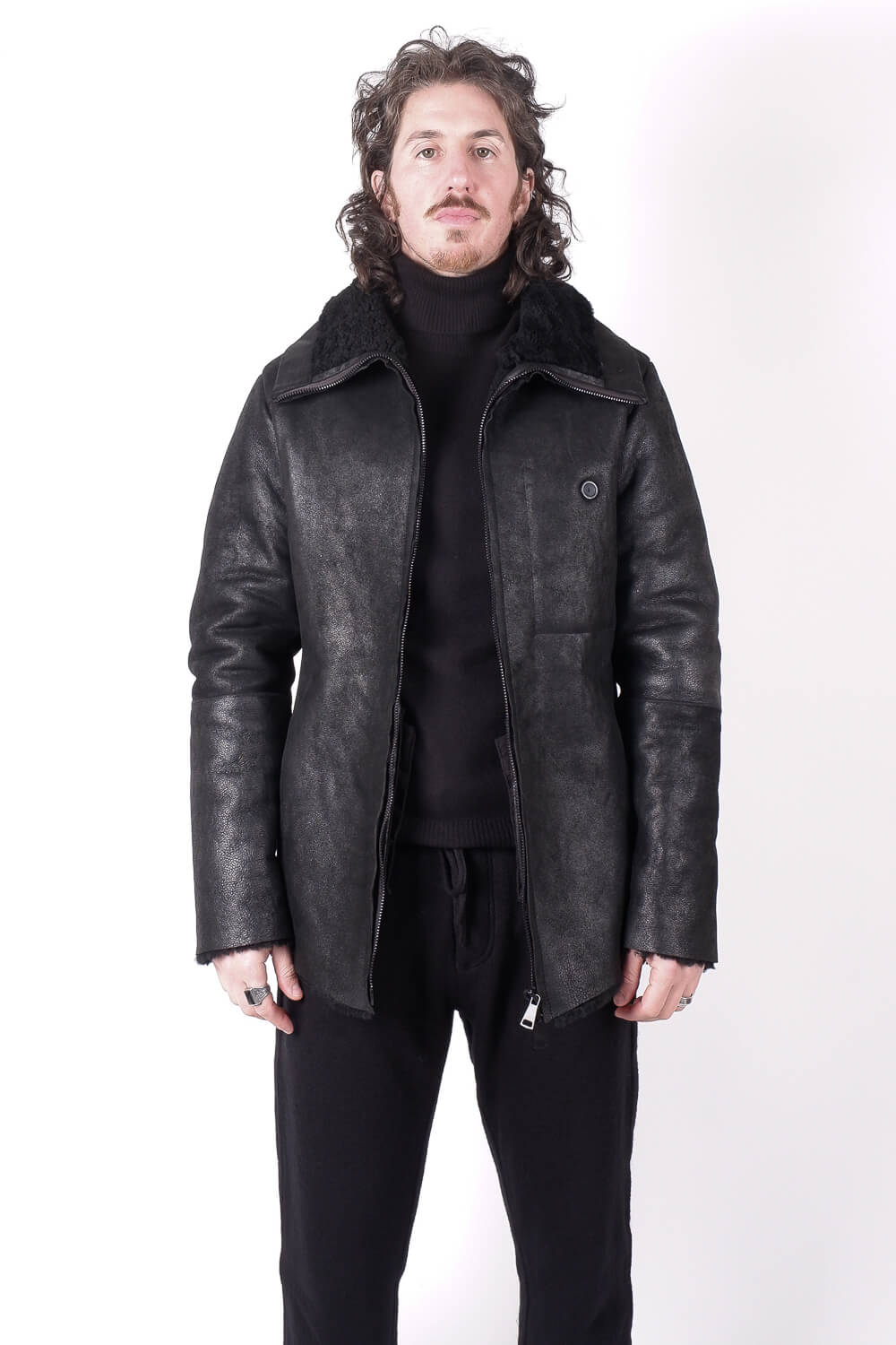 Italian Leather Shearling Bomber Jacket Black