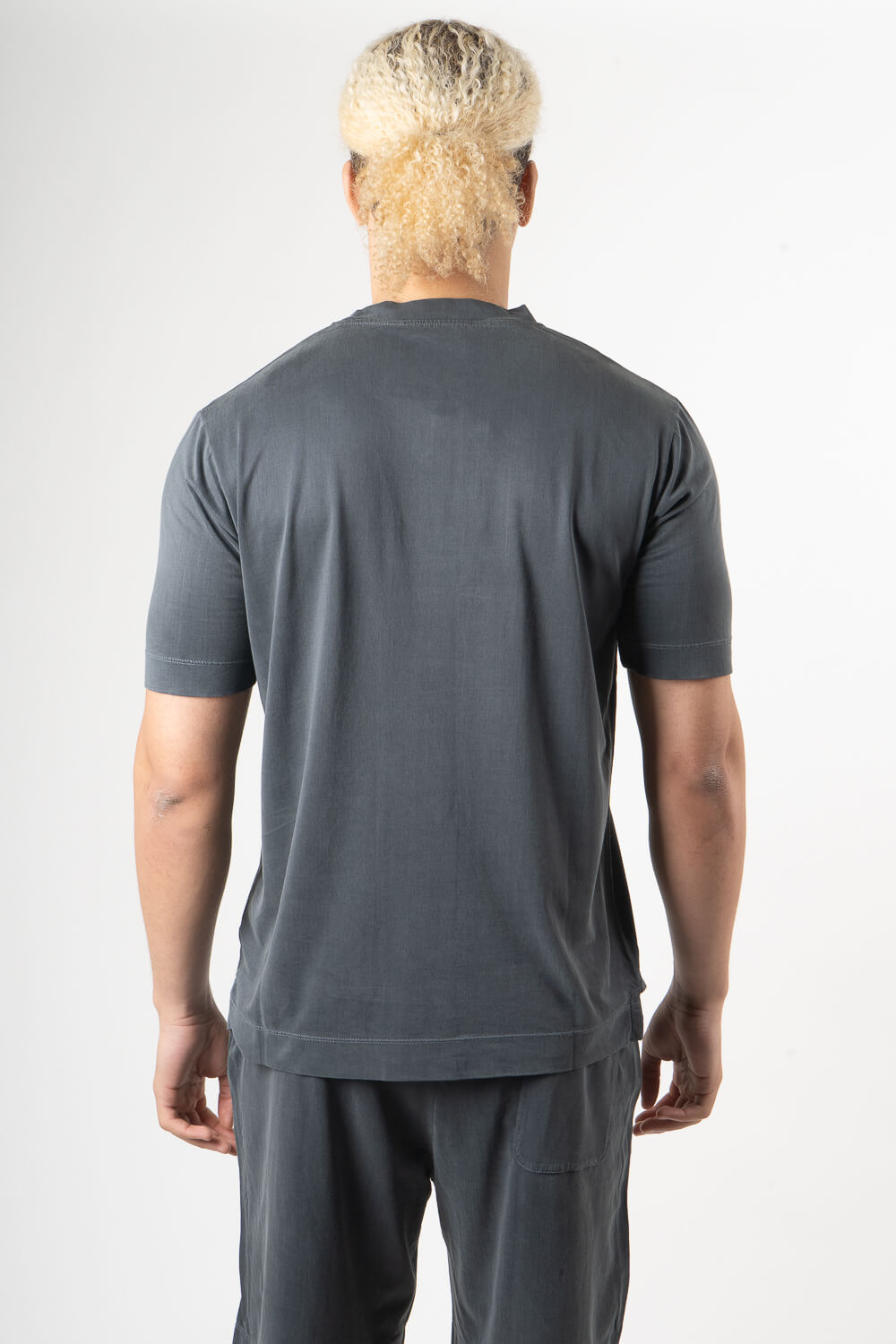 Italian Pure Silk Round Neck T-Shirt Steel Blue