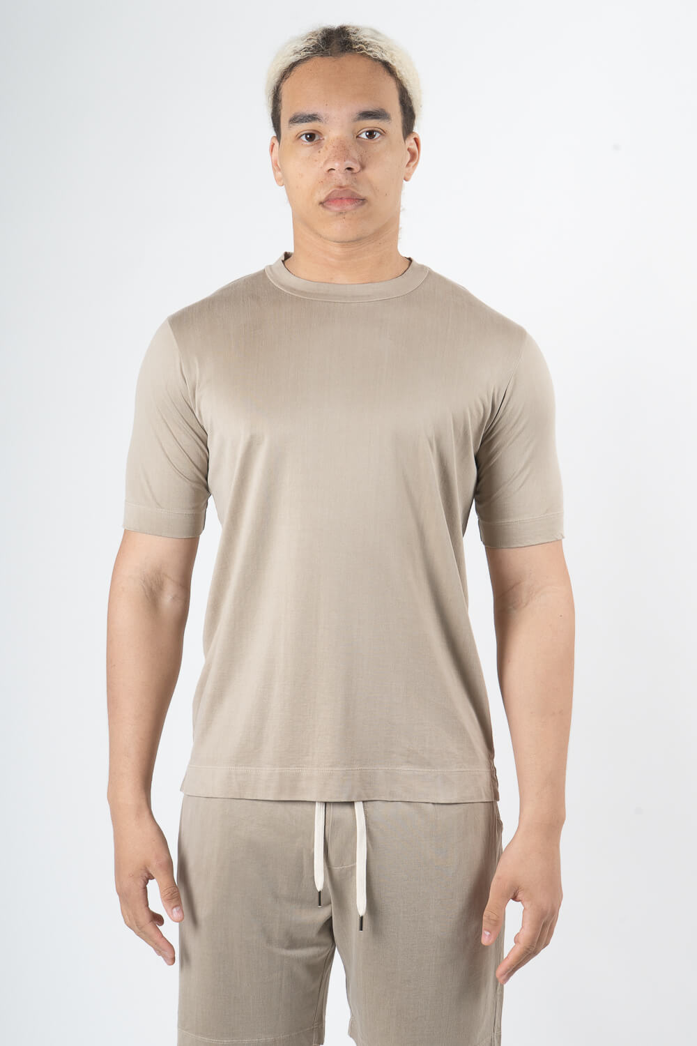 Italian Silk/Cotton Round Neck T-Shirt Champagne
