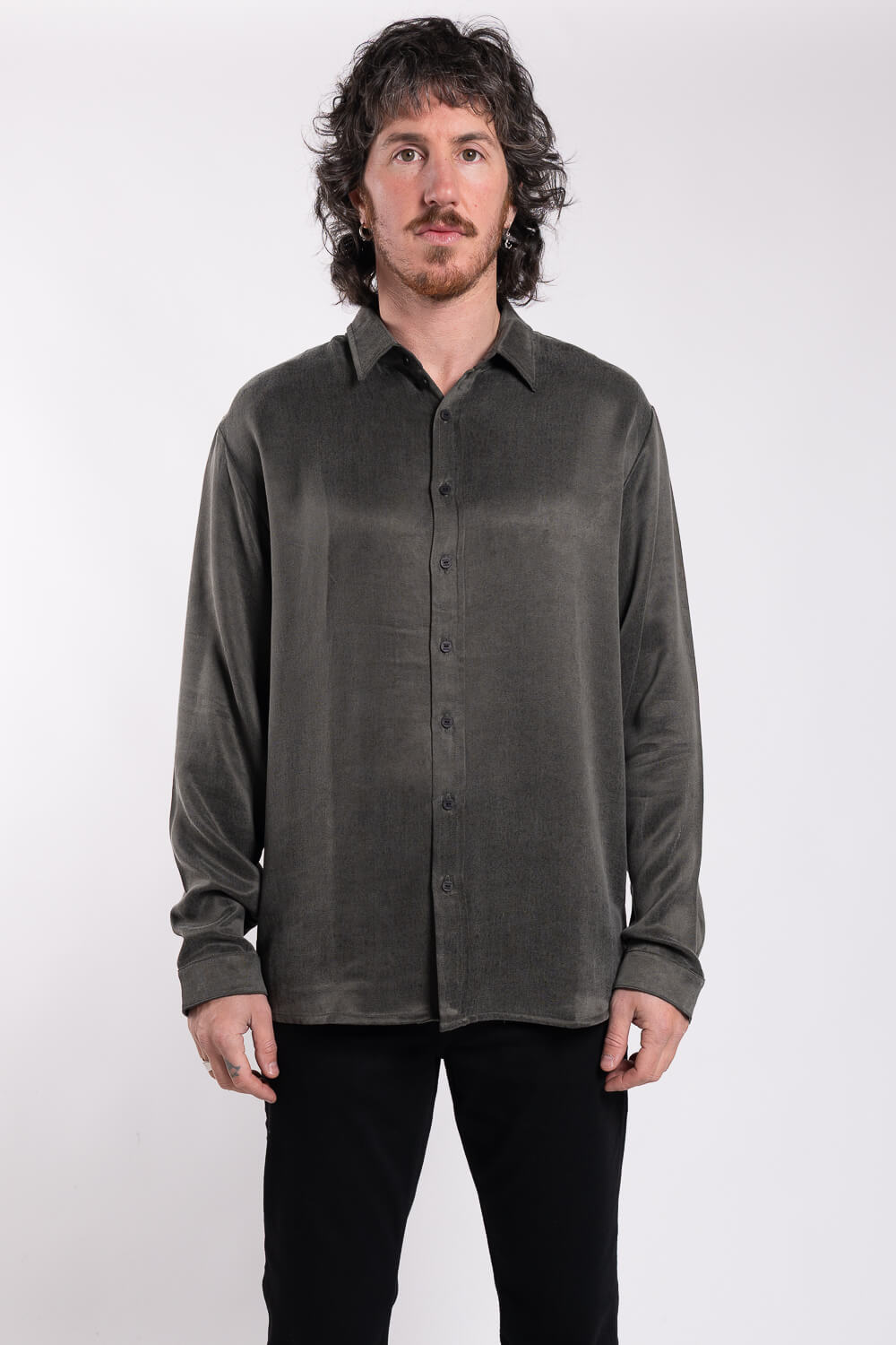 Italian Silk Textured Effect Shirt Khaki Green