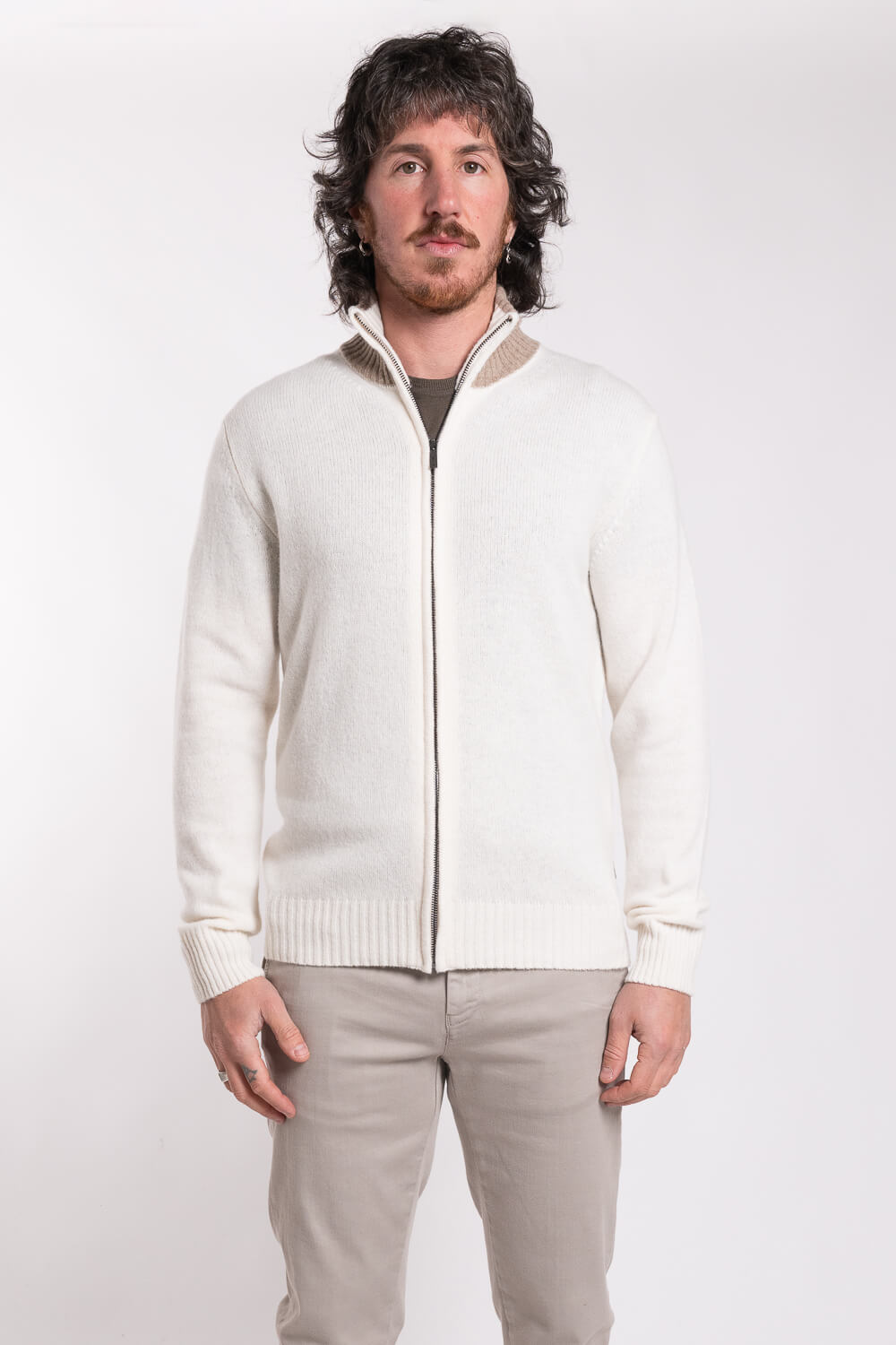 Italian Wool Full Zip Cardigan Beige/Cream