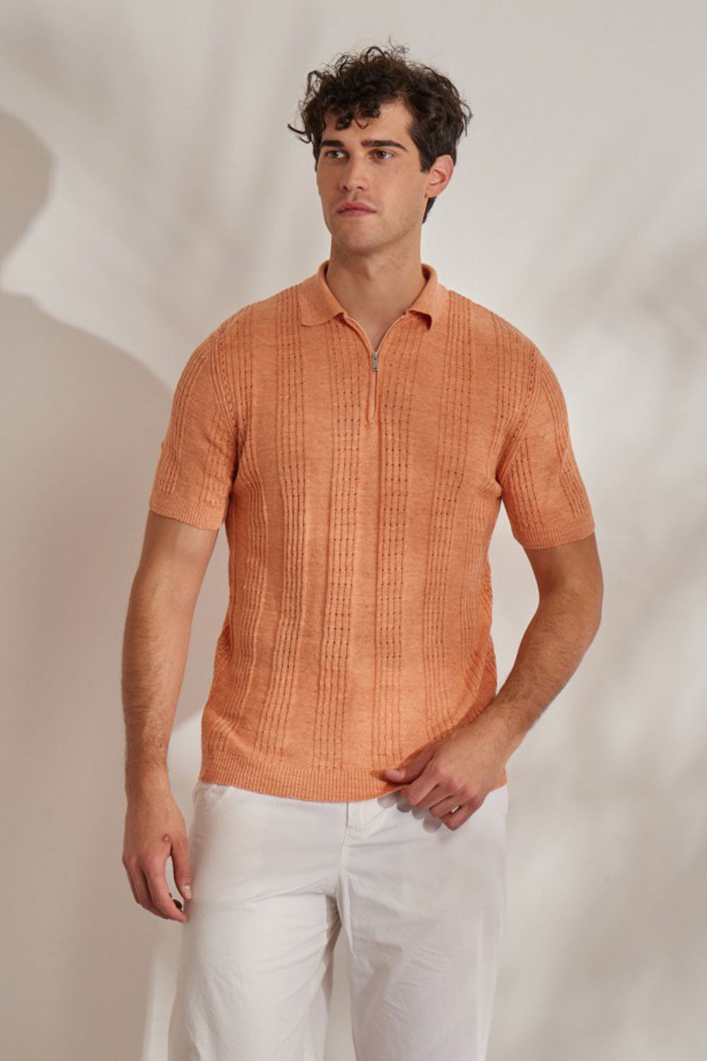 Jacquard Knitted Zip-Up Shirt Orange