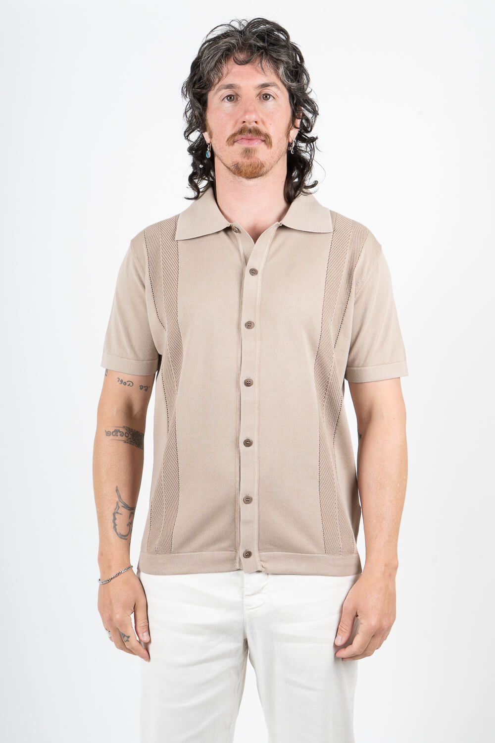 Jacquard Design Button-Up Shirt Sand