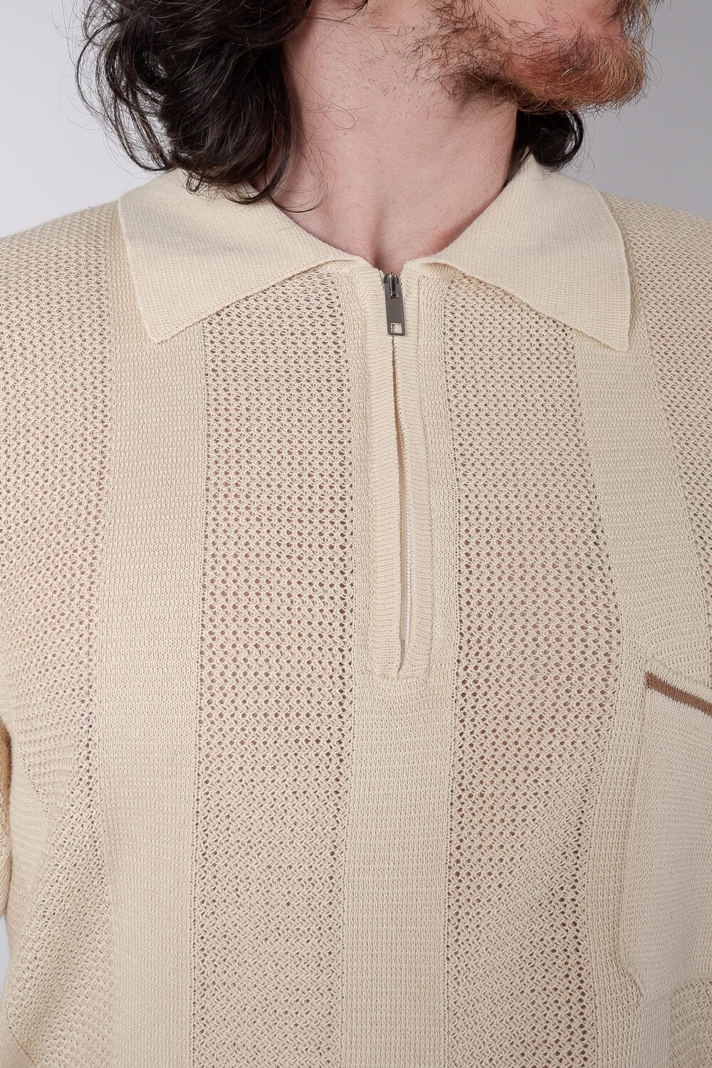 Jacquard Italian Knit Zip Polo Beige