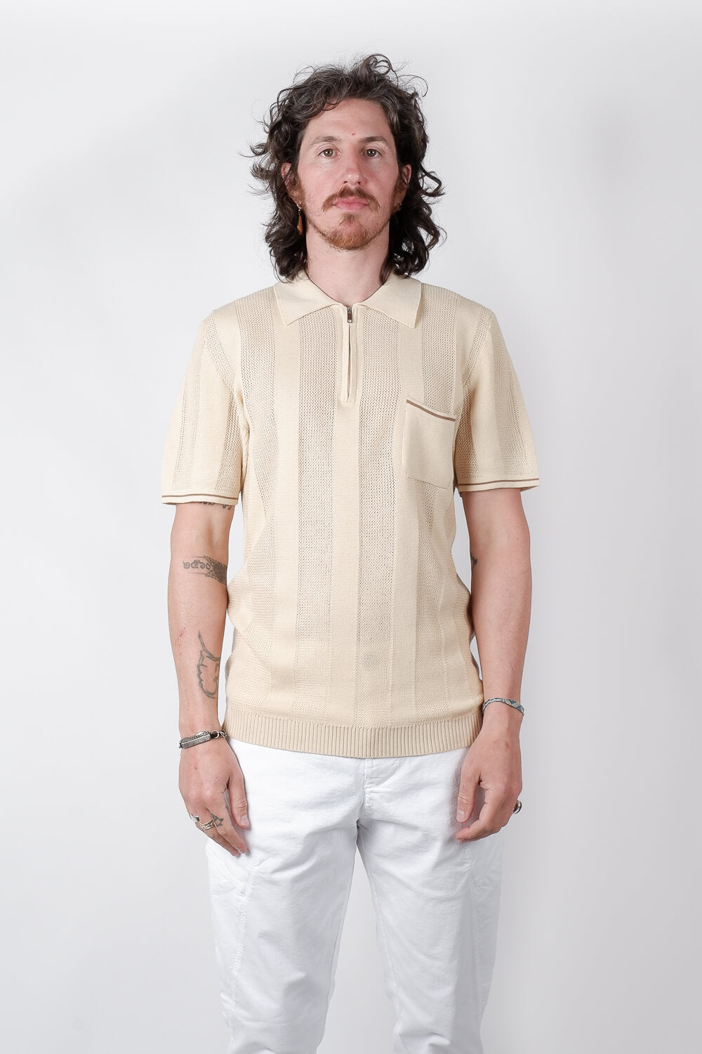 Jacquard Italian Knit Zip Polo Beige