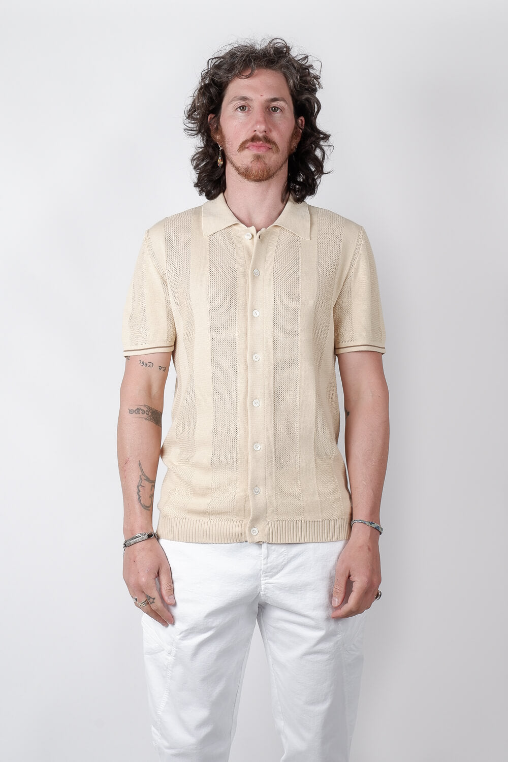 Jacquard Knitted Button-Up Shirt Beige