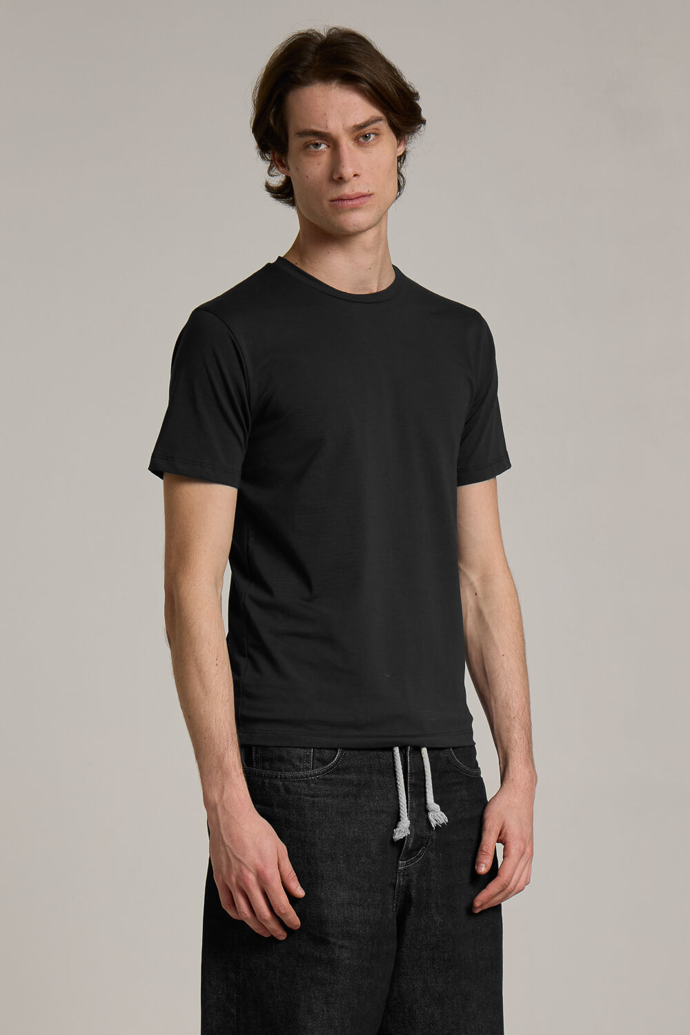Jersey Stretch Italian Cotton Round Neck T-Shirt Black