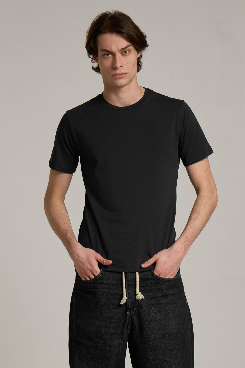 Jersey Stretch Italian Cotton Round Neck T-Shirt Black