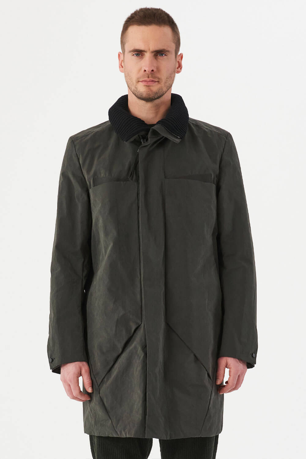 Knitted Collar Water-Repellent Trench Coat Khaki Green