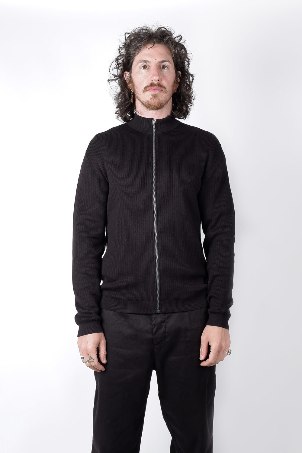 Ribbed Cotton Zip-Up Jacket Black