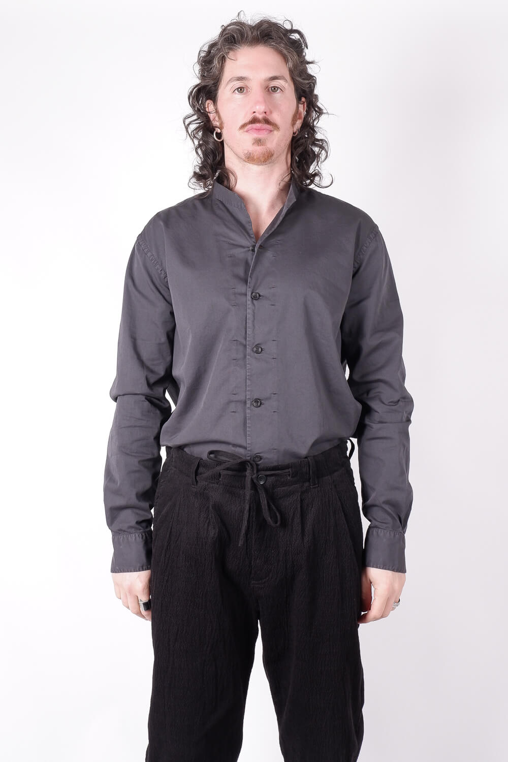 L/S Open Collar Cotton Shirt Black