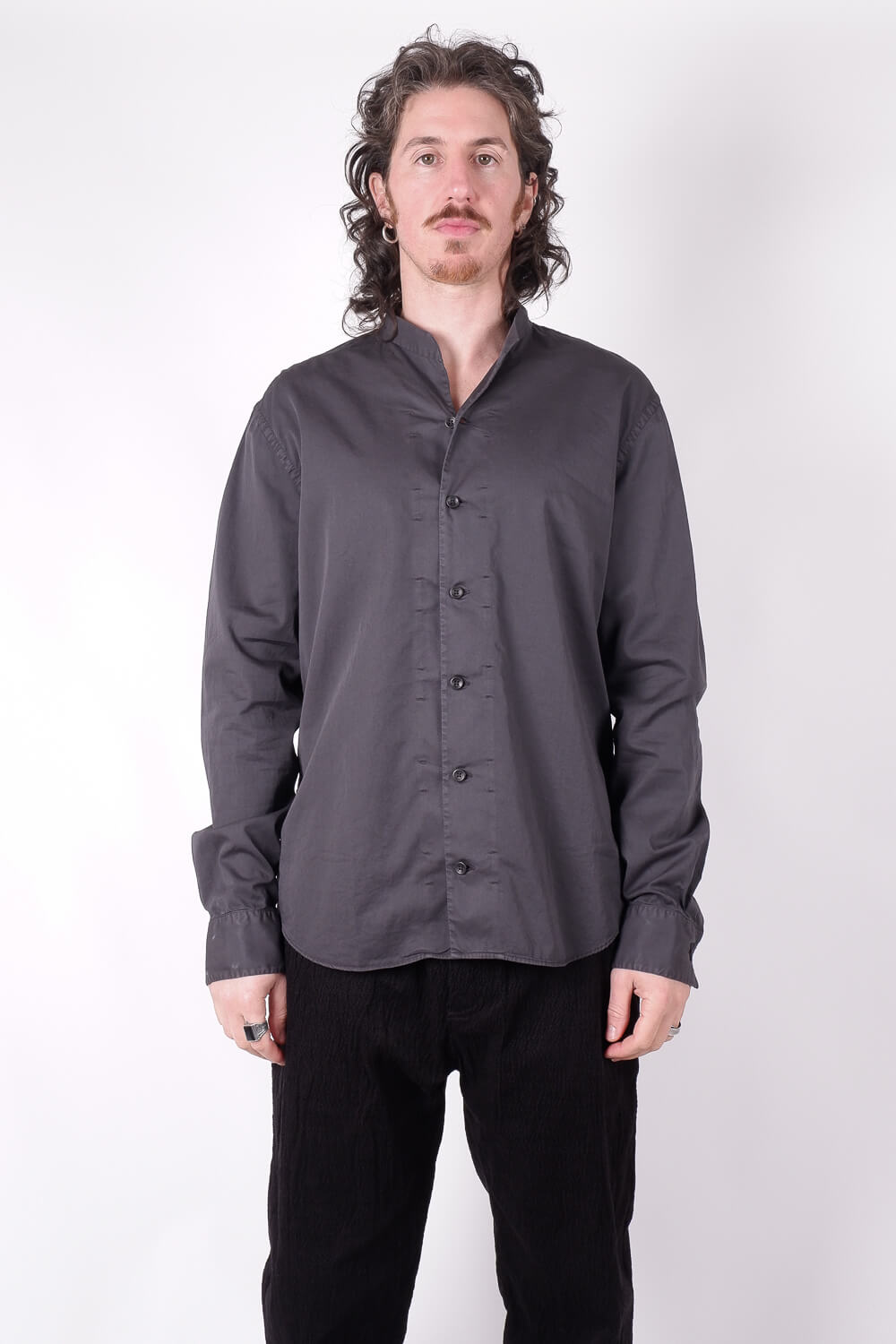 L/S Open Collar Cotton Shirt Black