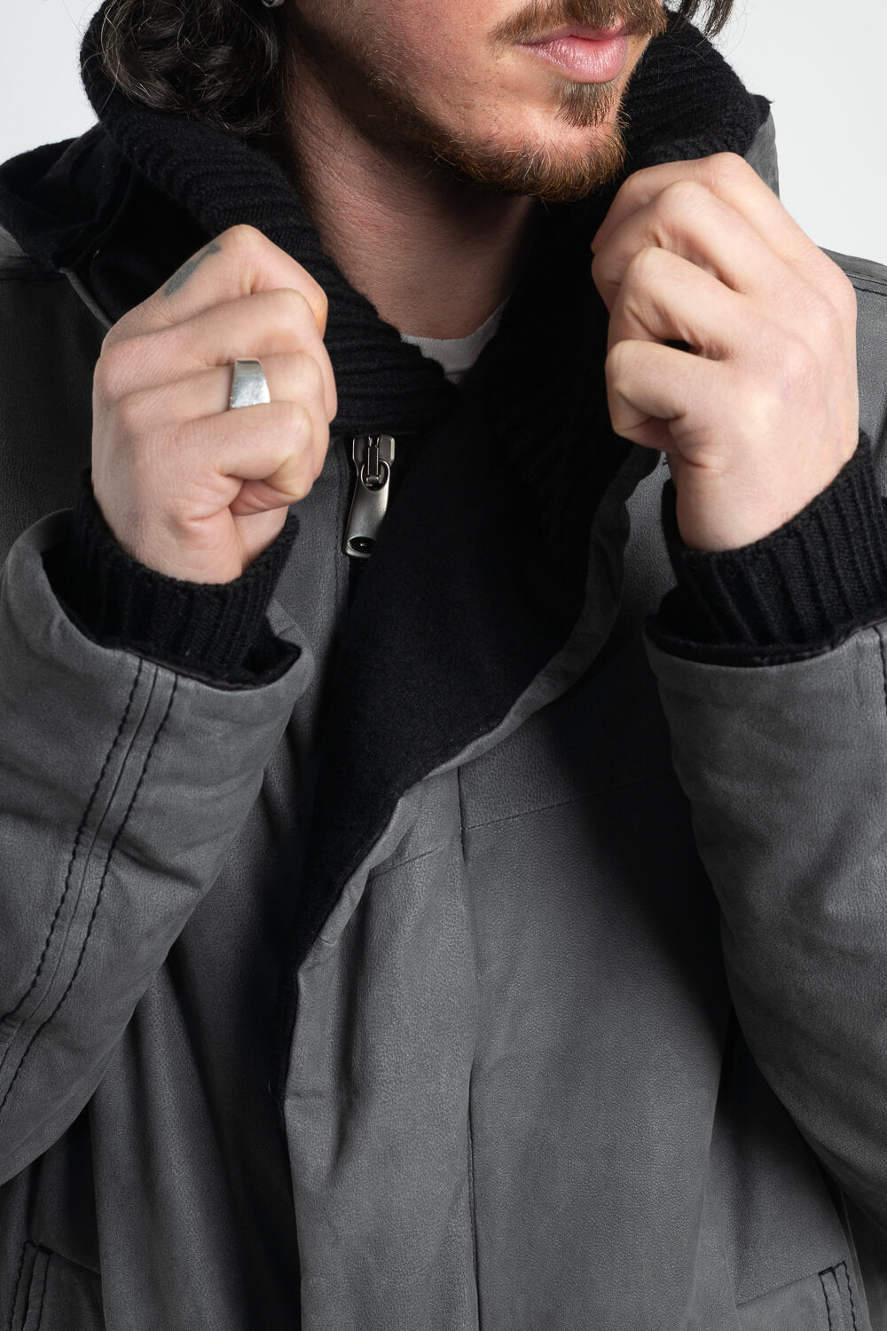 Lamb Leather W/ Wool Inserts Leather Parka Charcoal/Grey