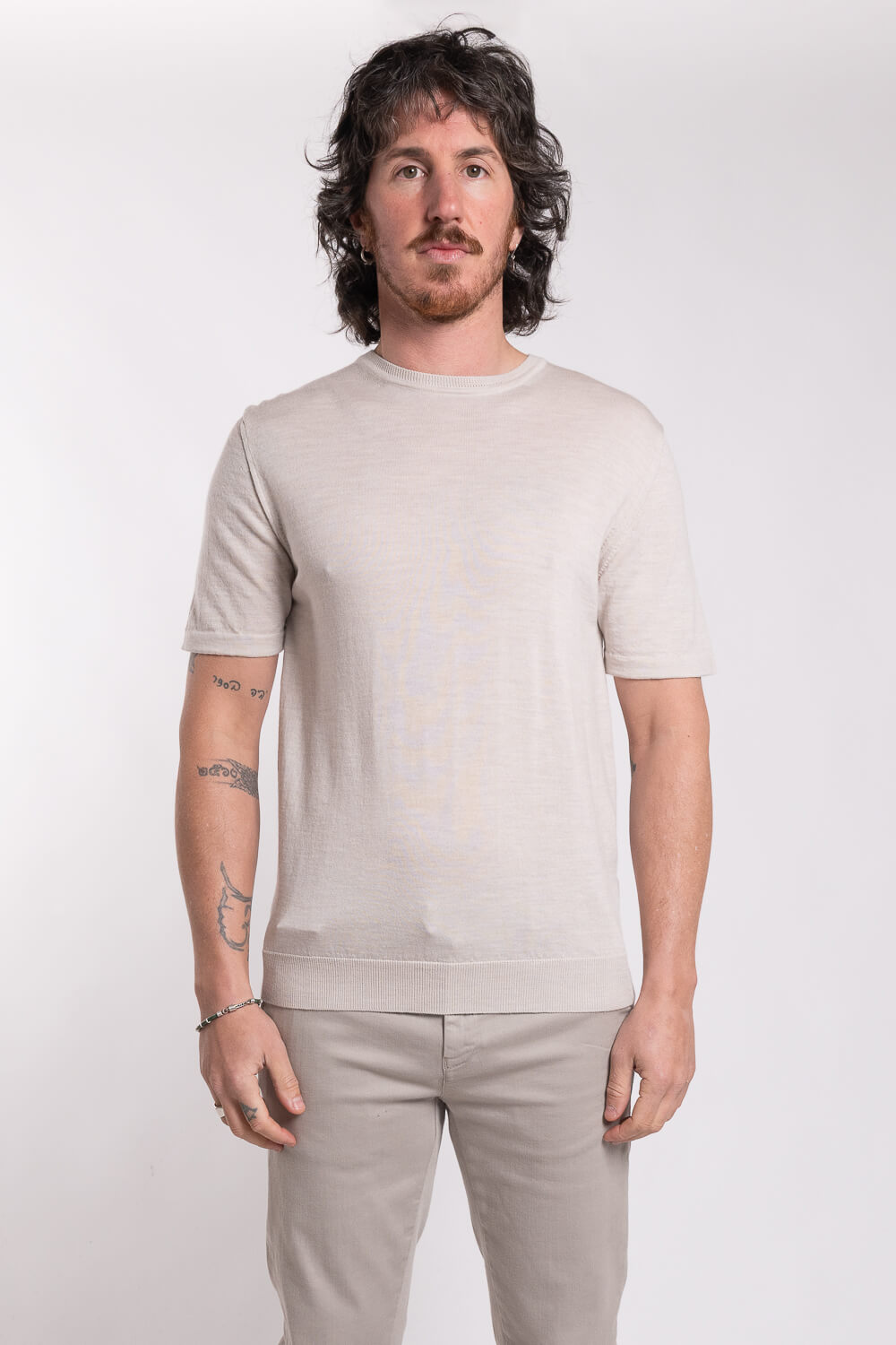 Lana Merino Wool Round Neck T-Shirt Beige