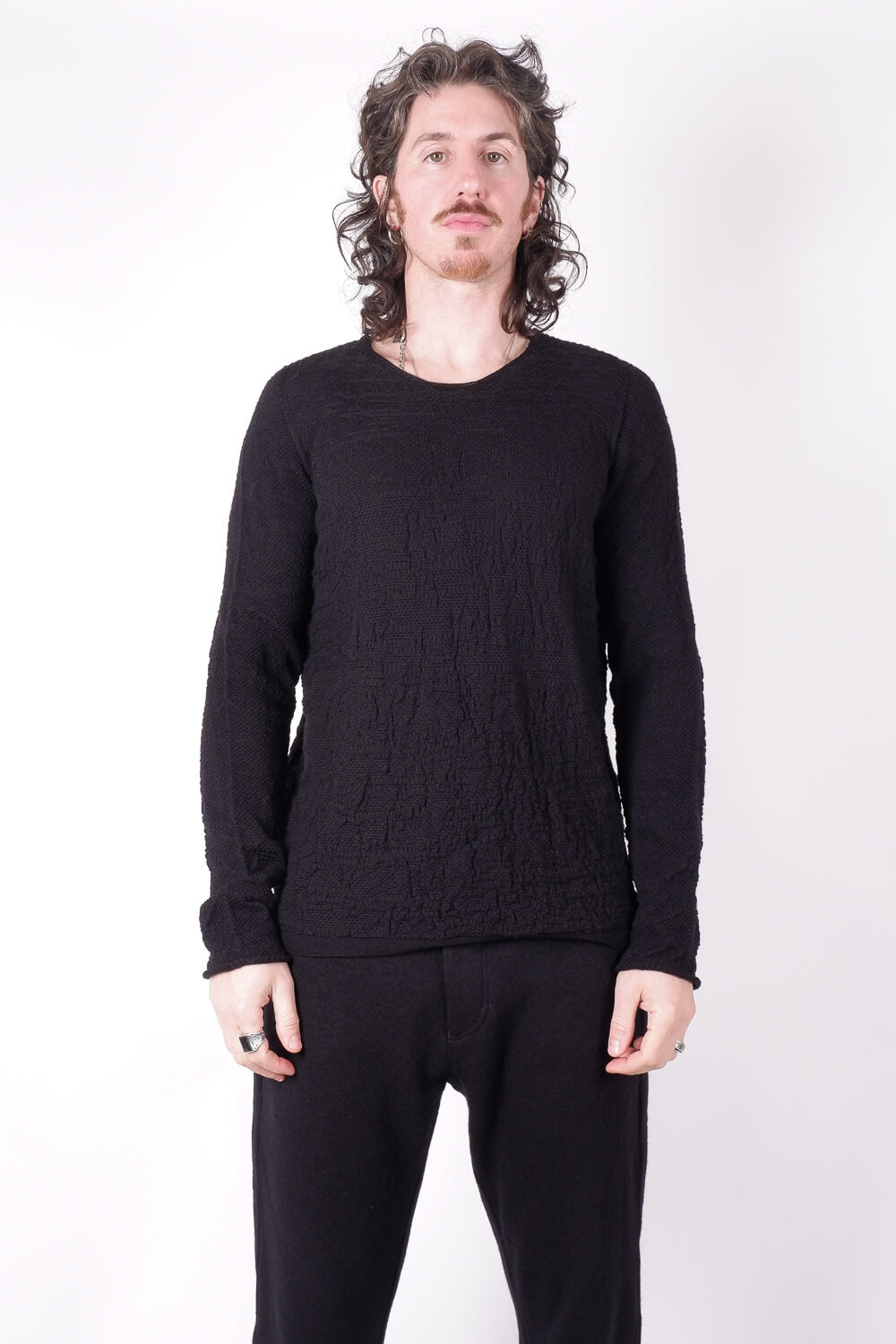 Light Virgin Wool Contrast L/S T-Shirt Black