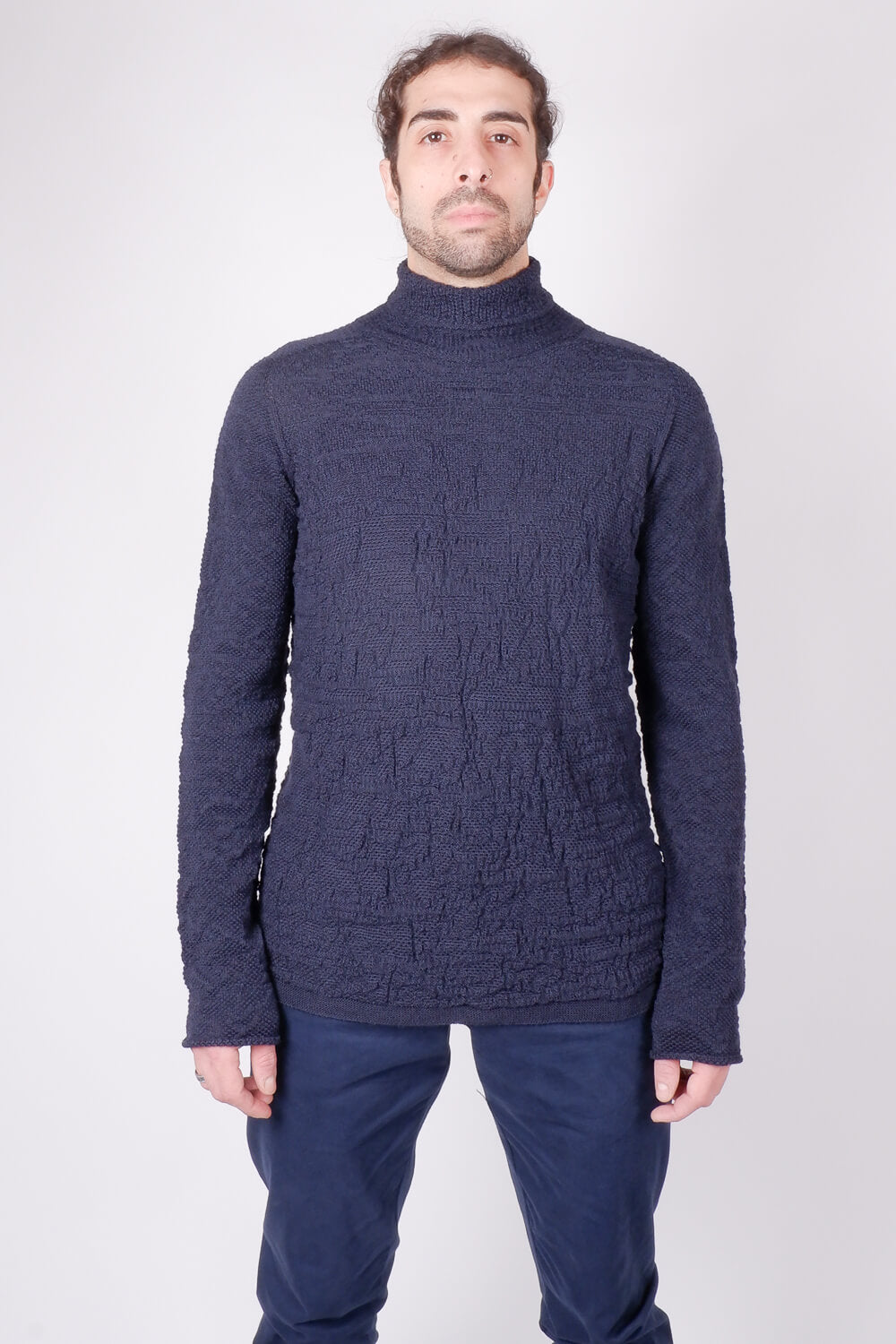 Light Virgin Wool Contrast Turtle Neck Knit Navy