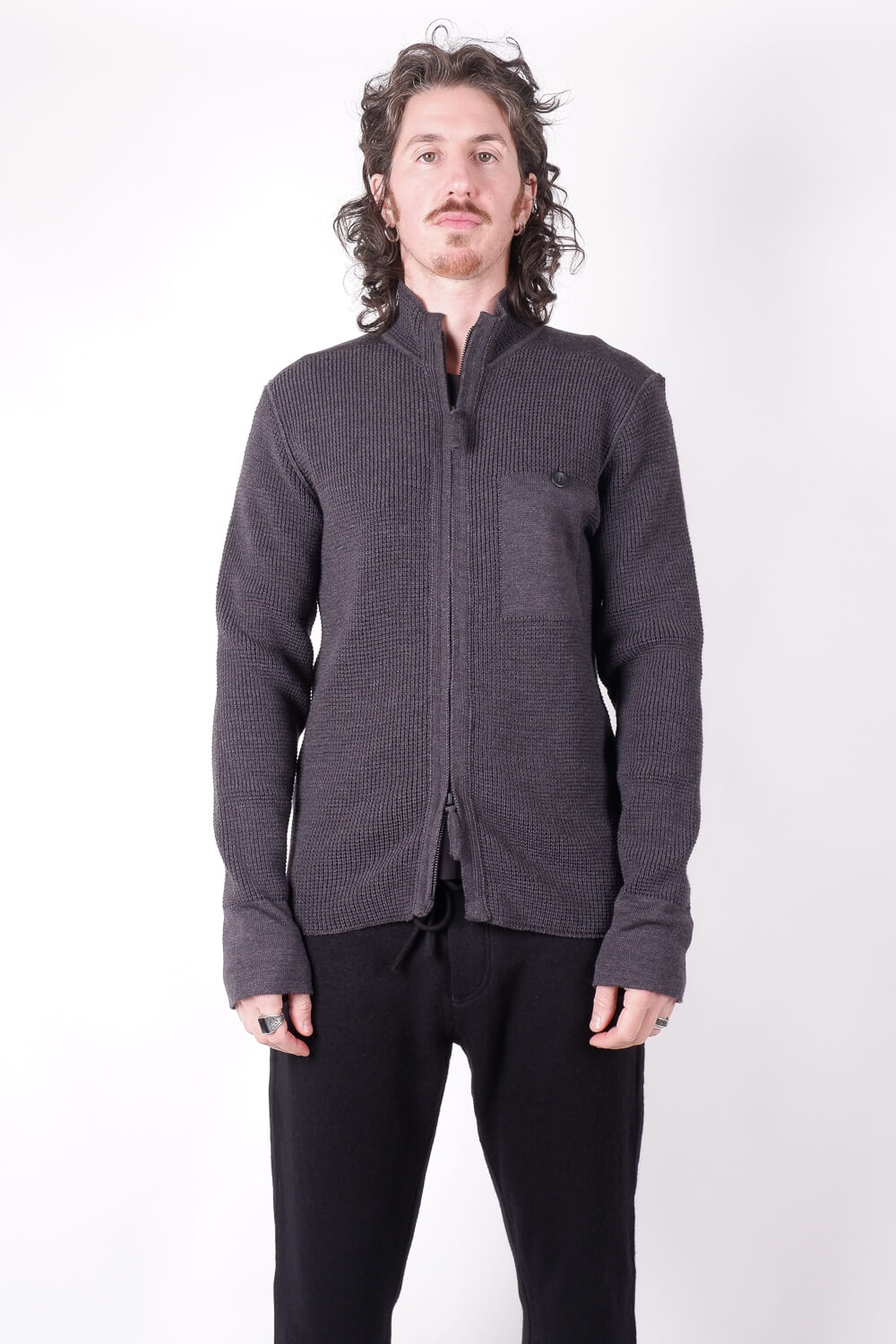 Lightweight Zip-Up Wool Cardigan Charcoal