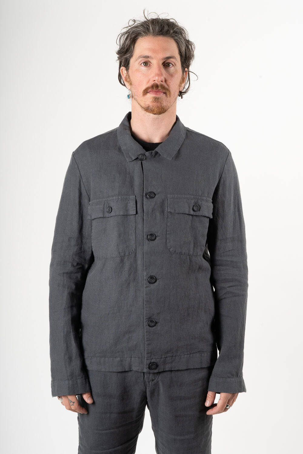 Linen Front Pocket Overshirt Dark Grey