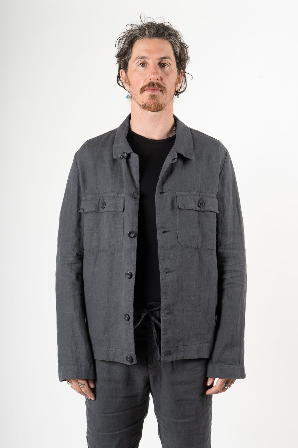 Linen Front Pocket Overshirt Dark Grey