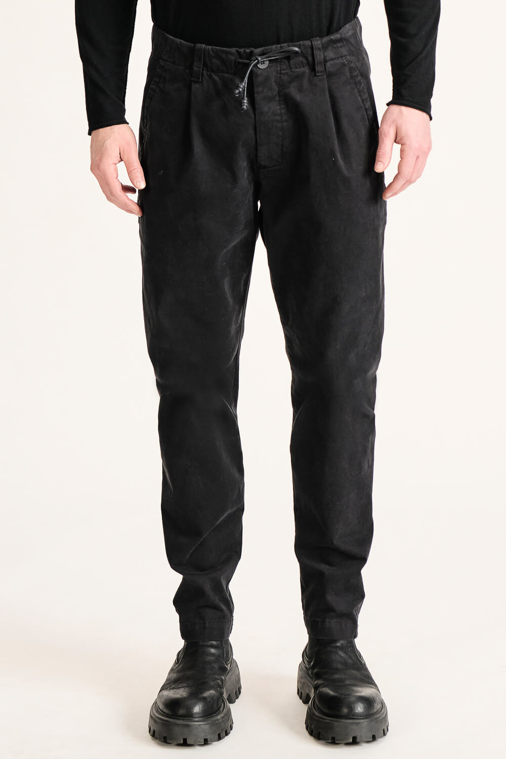 Loose-Fit Drawstring Italian Stretch Cotton Trousers Black