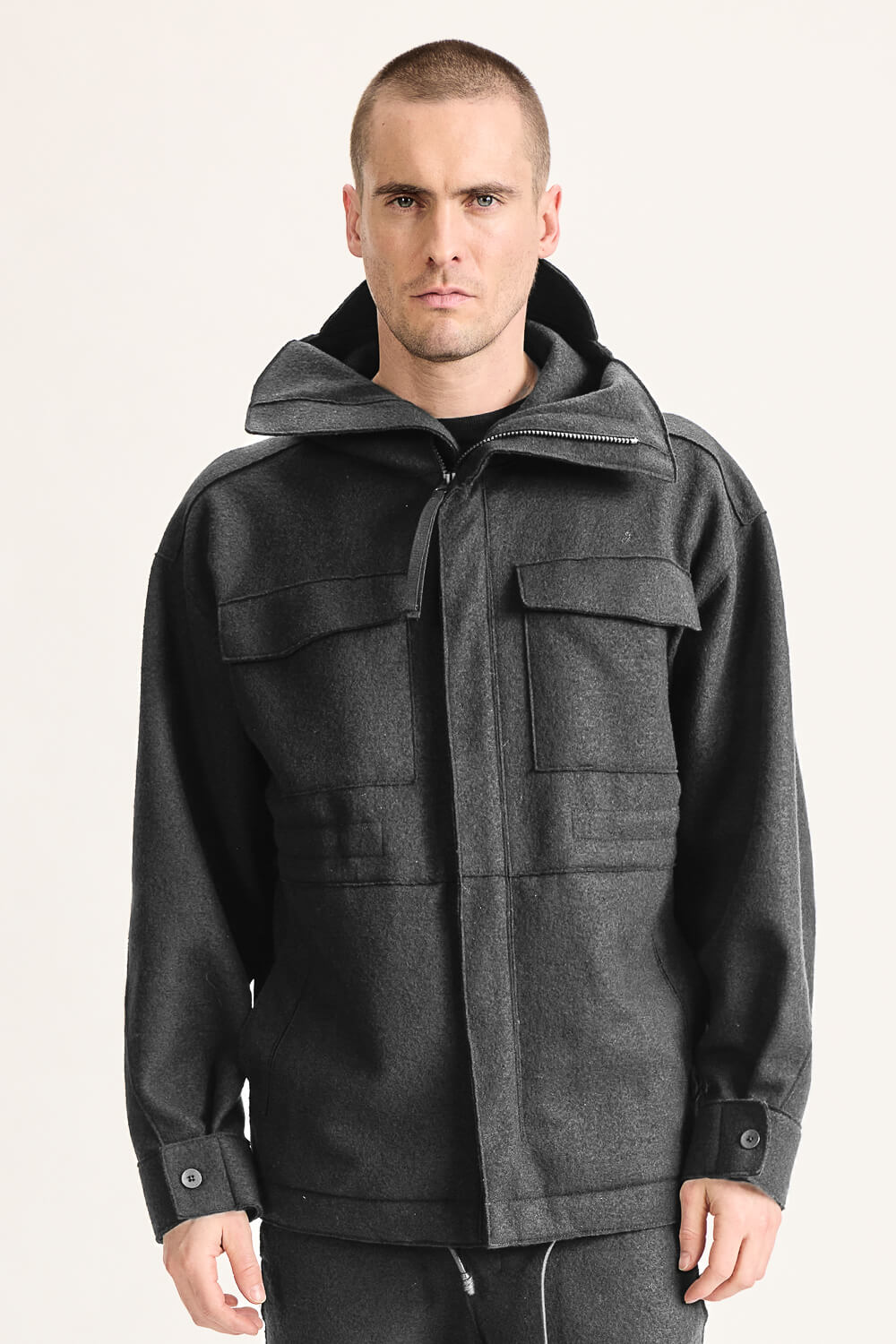 Loose-Fit Virgin Wool Safari Hooded Jacket Charcoal