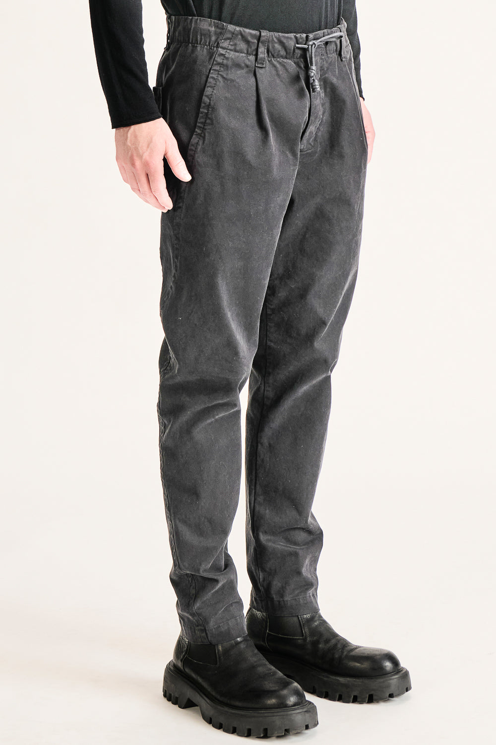 Loose-Fit Drawstring Italian Stretch Cotton Trousers Charcoal