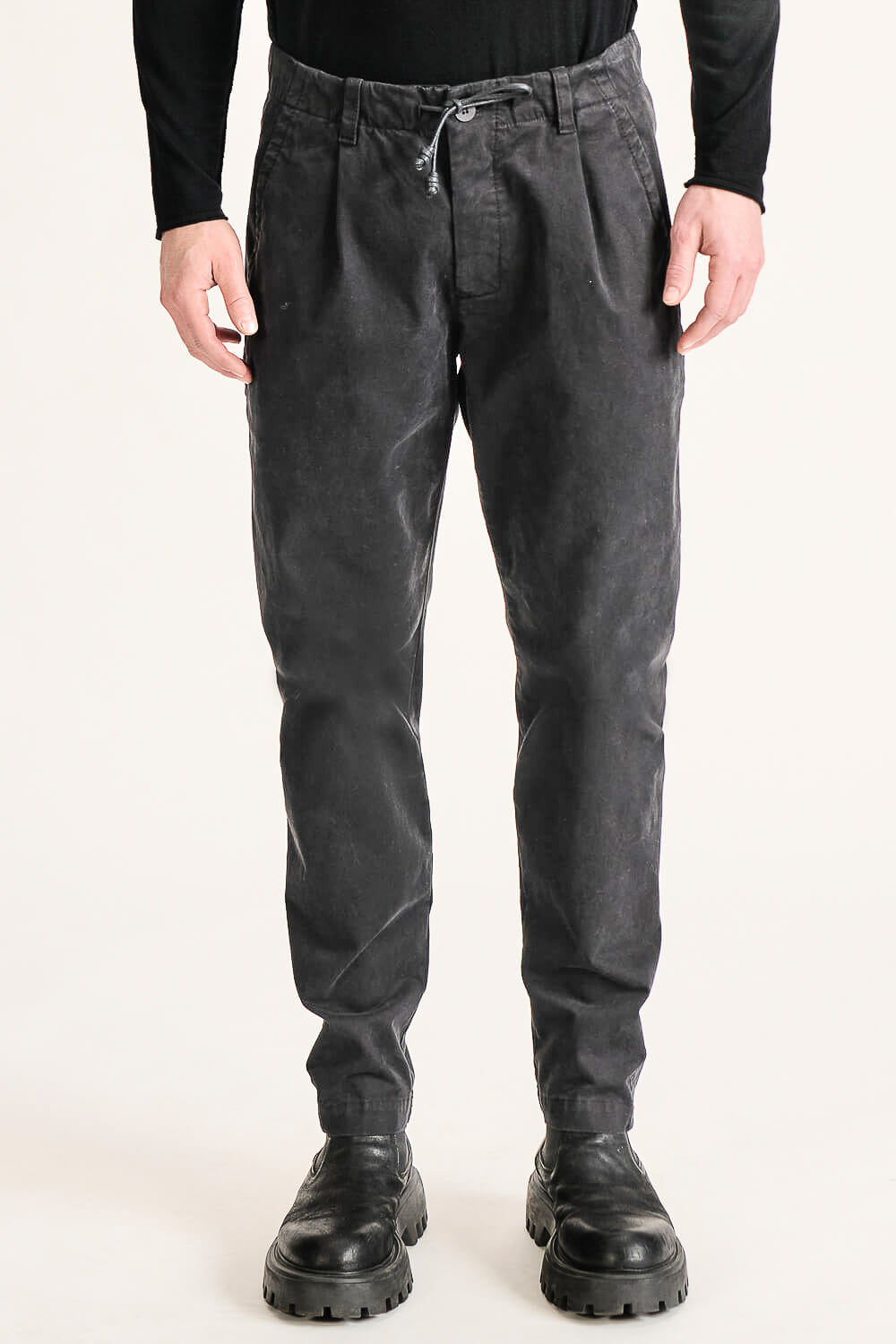Loose-Fit Drawstring Italian Stretch Cotton Trousers Charcoal