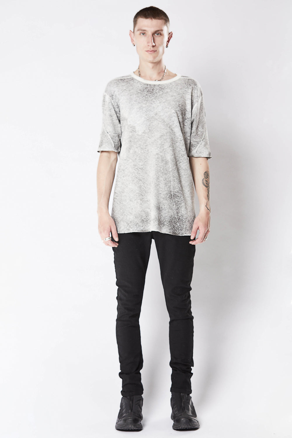 M TS 779 Round Neck Cotton/Linen T-Shirt Black/White