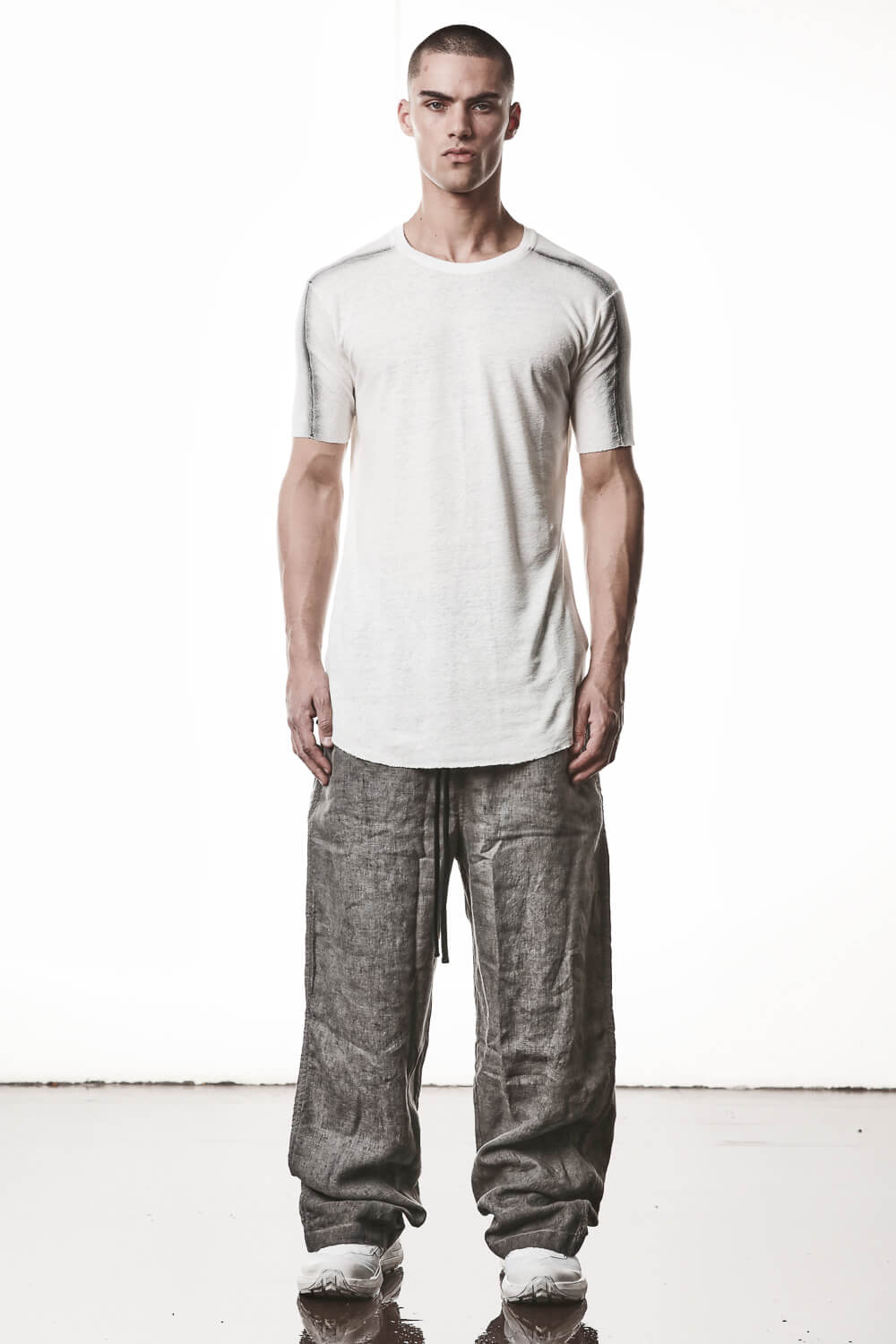 M TS 927 Cotton/Linen Ribbed Detail T-Shirt Off White