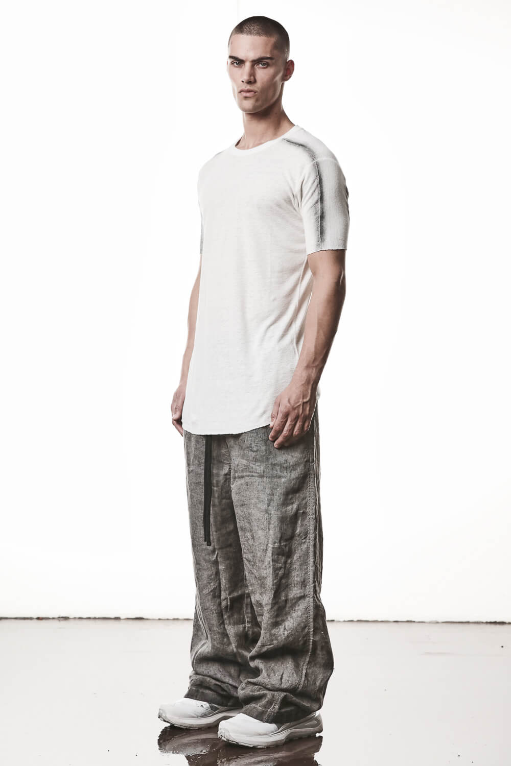 M TS 927 Cotton/Linen Ribbed Detail T-Shirt Off White