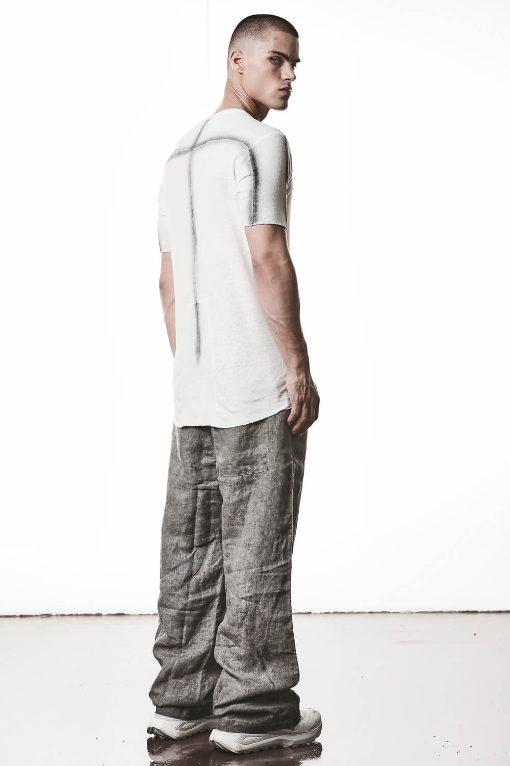 M TS 927 Cotton/Linen Ribbed Detail T-Shirt Off White