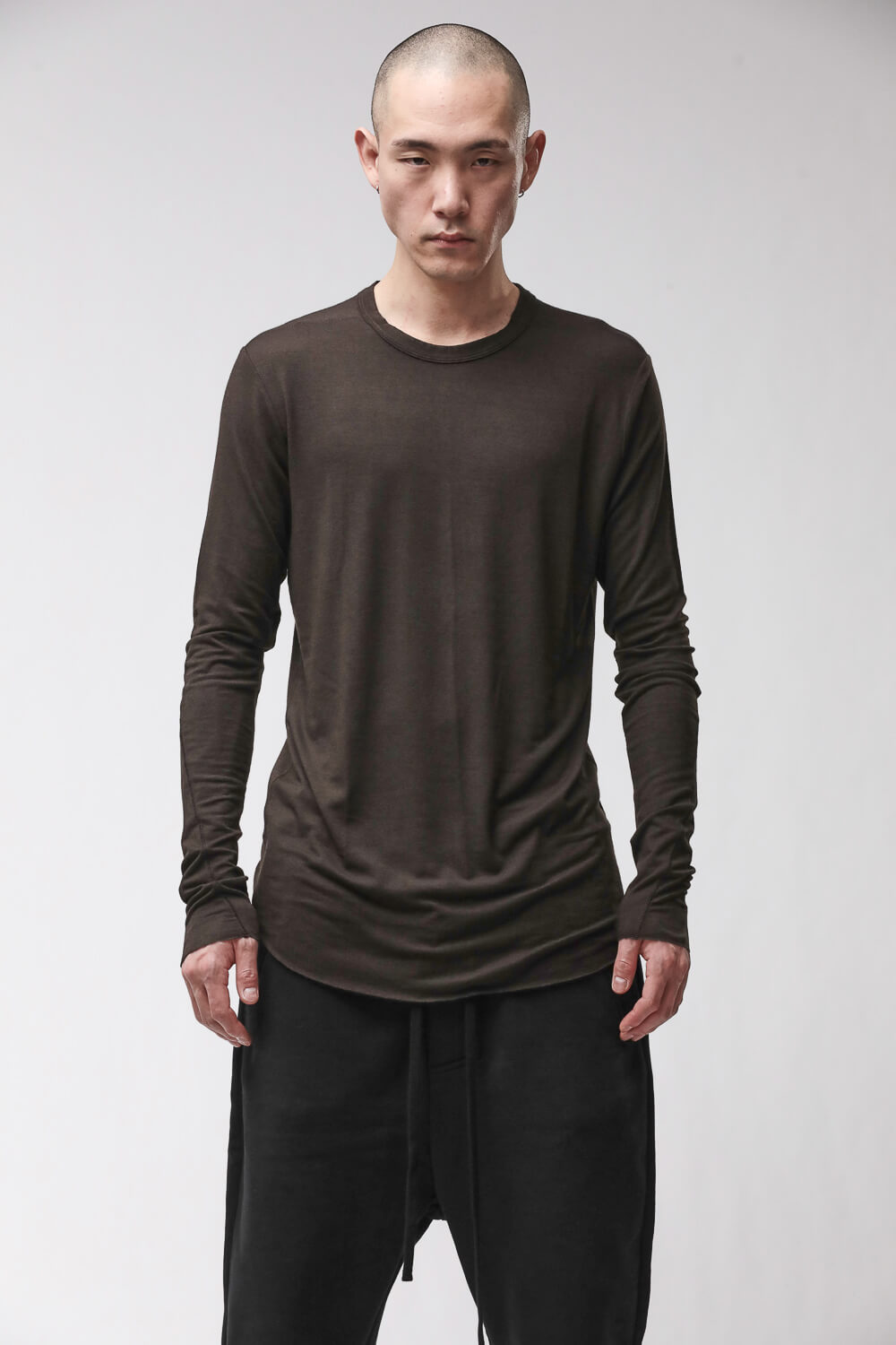 M TS 961 L/S Raw Hem Stitching Detail T-Shirt Dark Brown