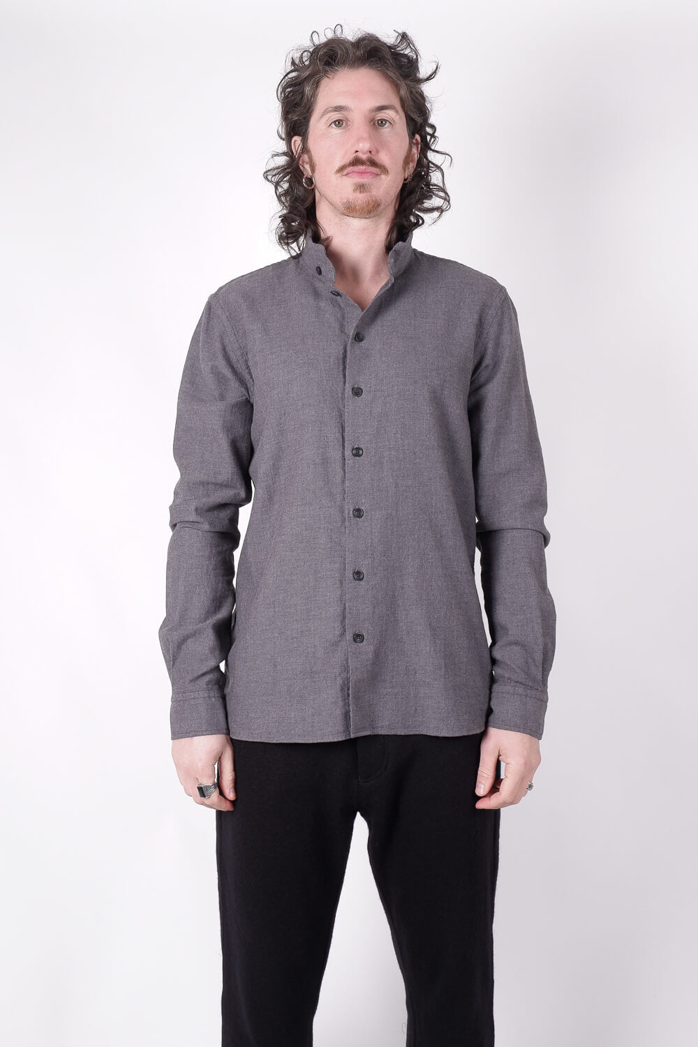 Mandarin Collar Button-Up Shirt Grey