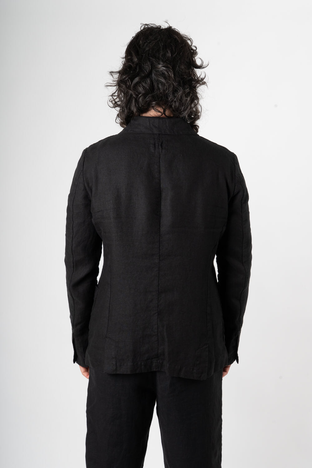 Mandarin Collar Front Pocket Linen Blazer Black