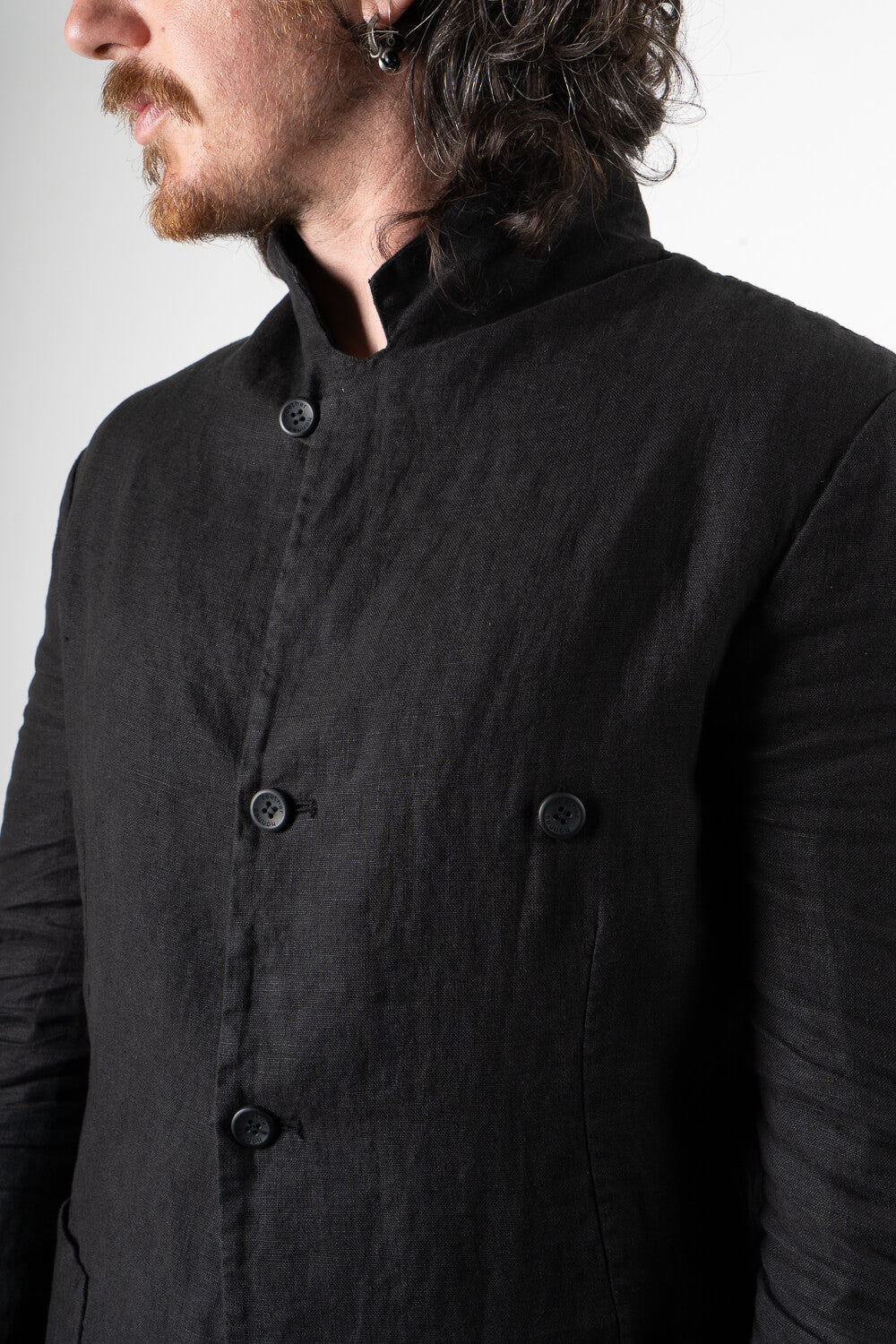 Mandarin Collar Front Pocket Linen Blazer Black