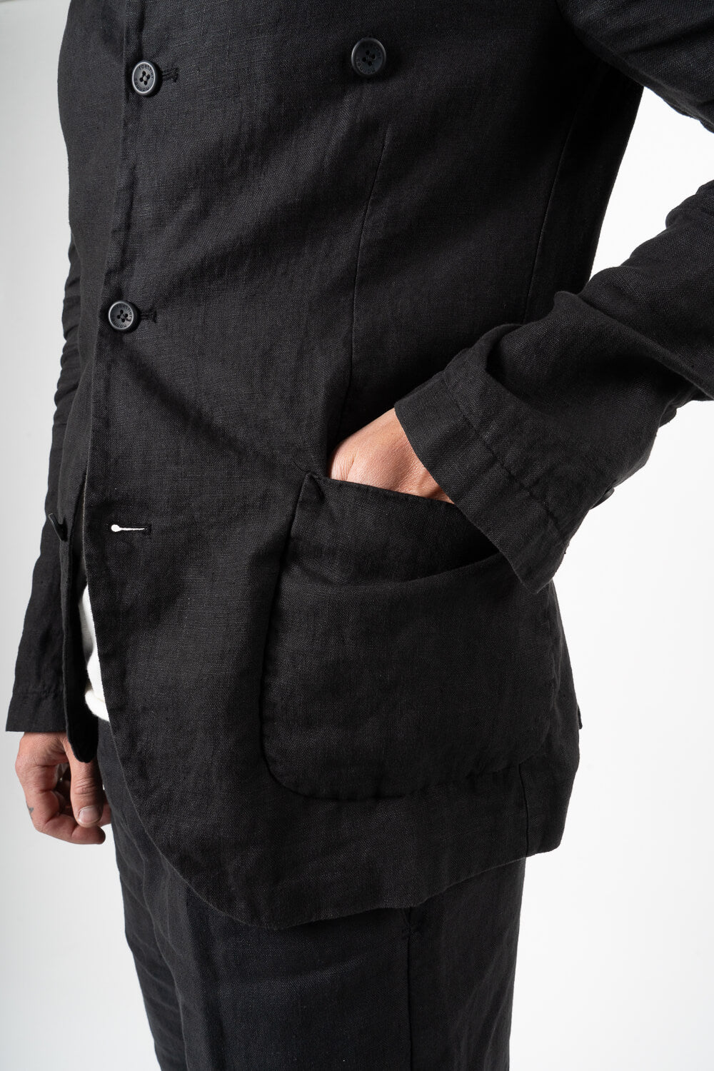 Mandarin Collar Front Pocket Linen Blazer Black
