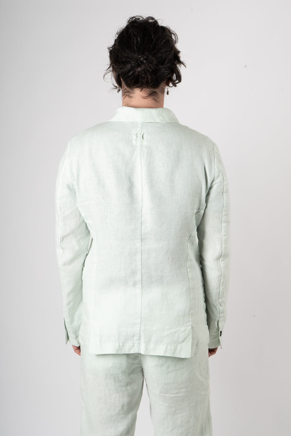 Mandarin Collar Front Pocket Linen Blazer Matcha